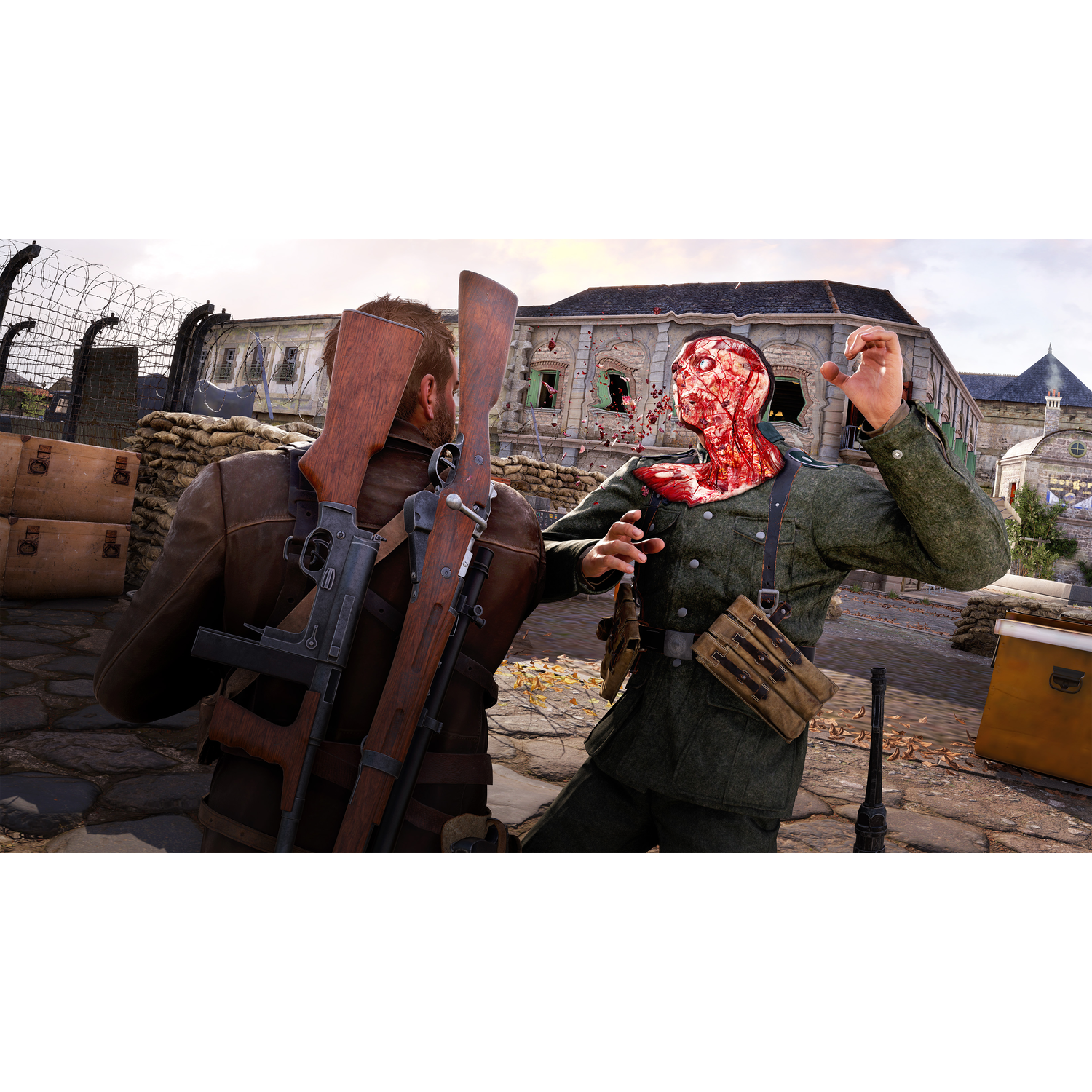 A violent scene from a video game with two soldiers.
