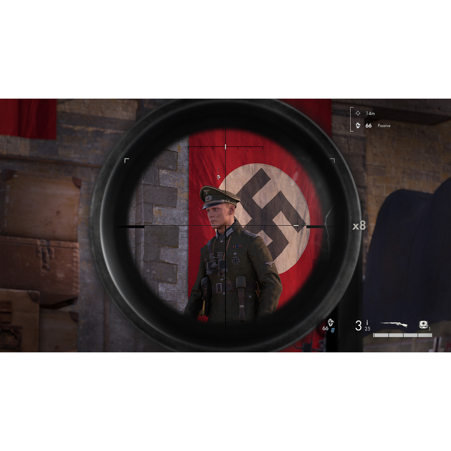 Sniper scope view of a Nazi officer against a Nazi flag background.