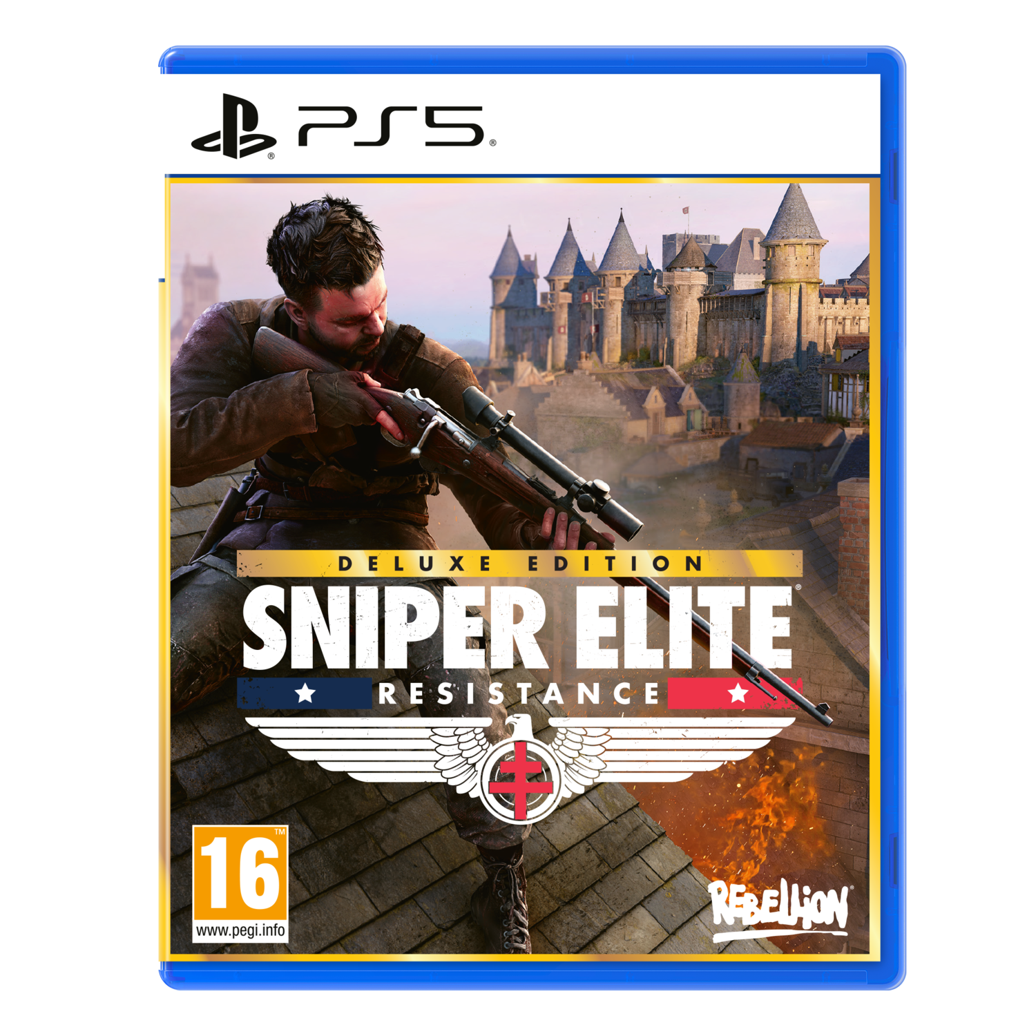 Gamecover: Soldaat die met een geweer richt. Titel: Sniper Elite Resistance, Deluxe Edition.