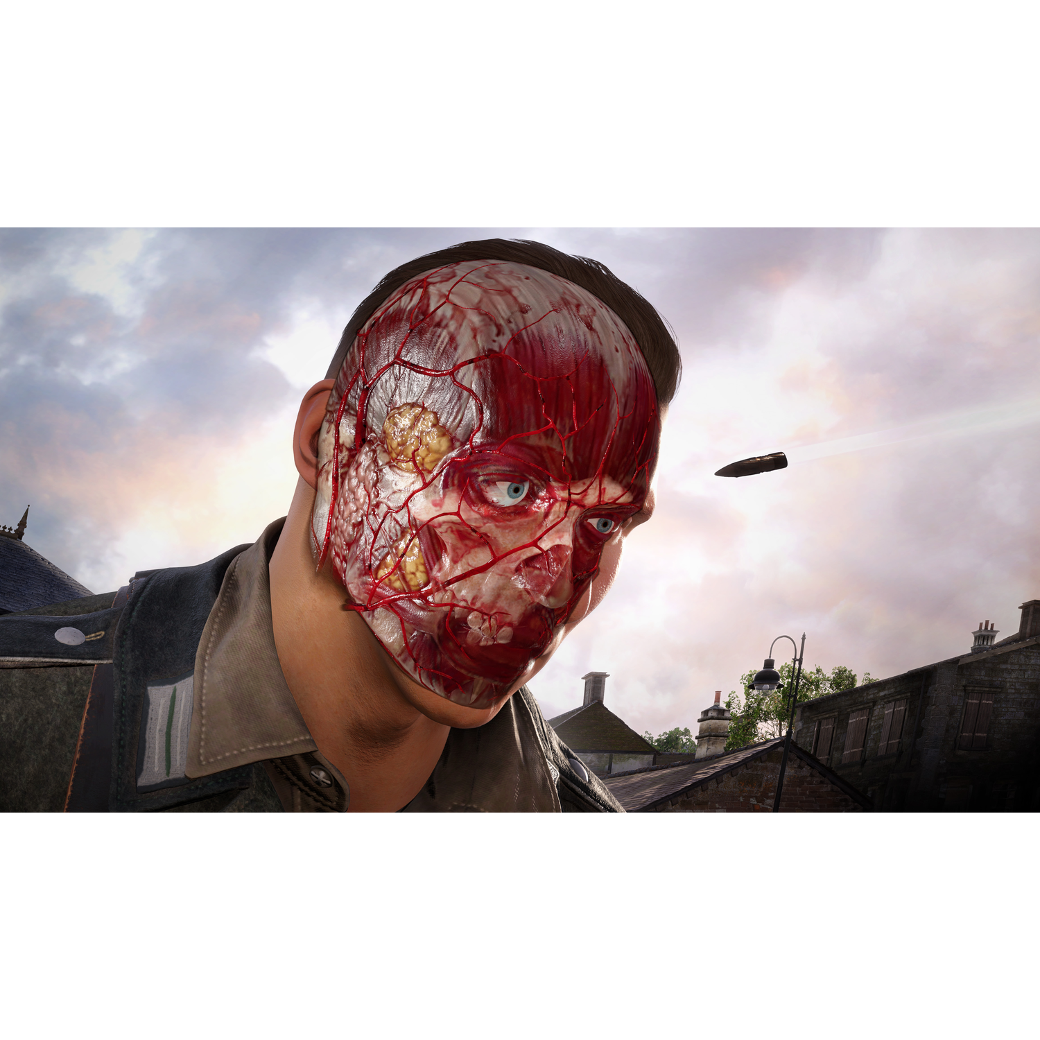 Een gruwelijk zombiegezicht met blootliggende spieren en aderen. De achtergrond toont een bewolkte lucht.
