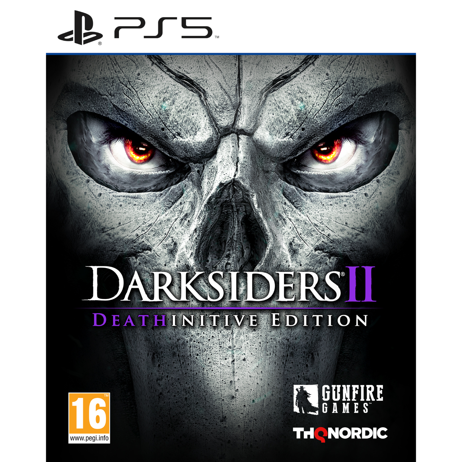 Gamecover voor 'Darksiders II: Deathinitive Edition' op PS5, met een schedel en ogen.