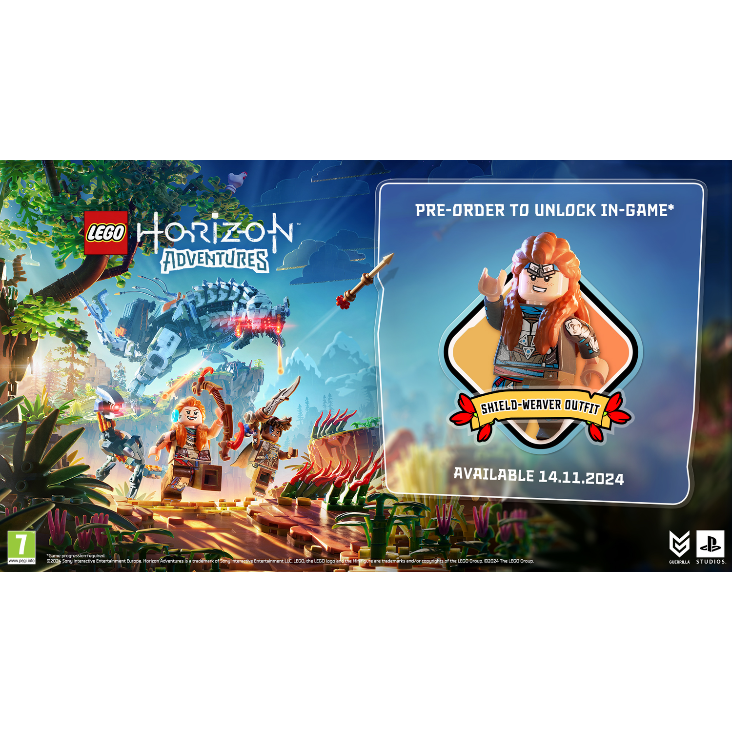 Advertentie voor het spel Lego Horizon Adventures. Lego-personages in een omgeving. Pre-order informatie.