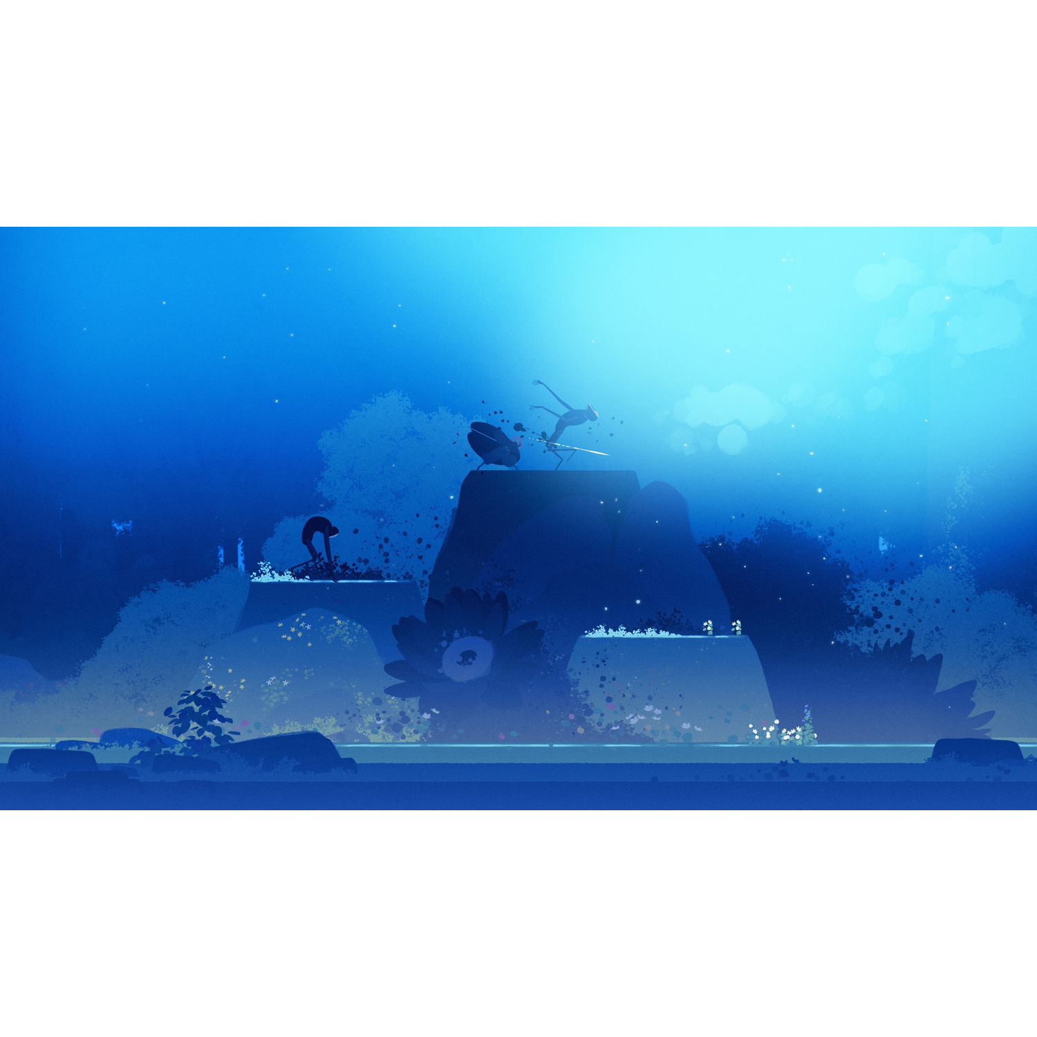 Stijlvolle illustratie van figuren in een blauw landschap.