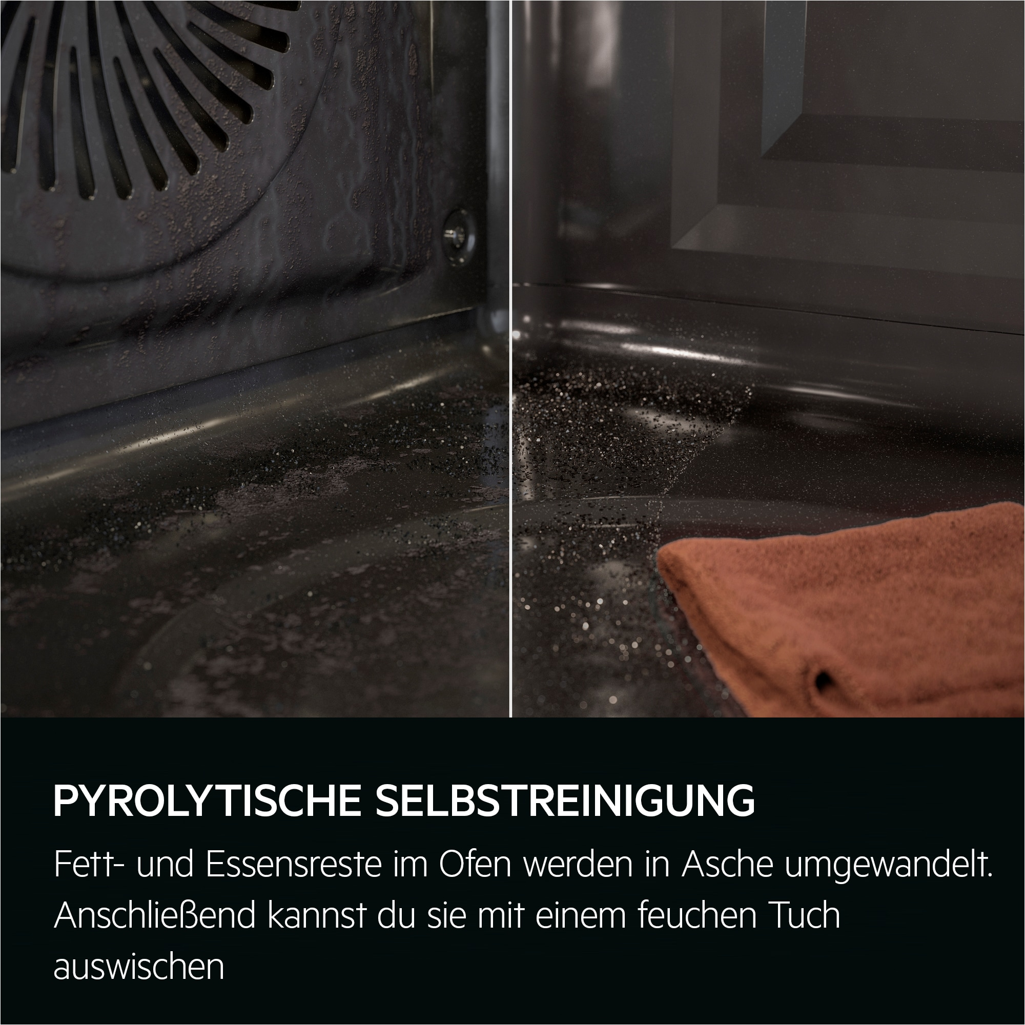 Ein Backofen-Innenraum mit Reinigungsanweisung. Es zeigt die pyrolytische Selbstreinigung.