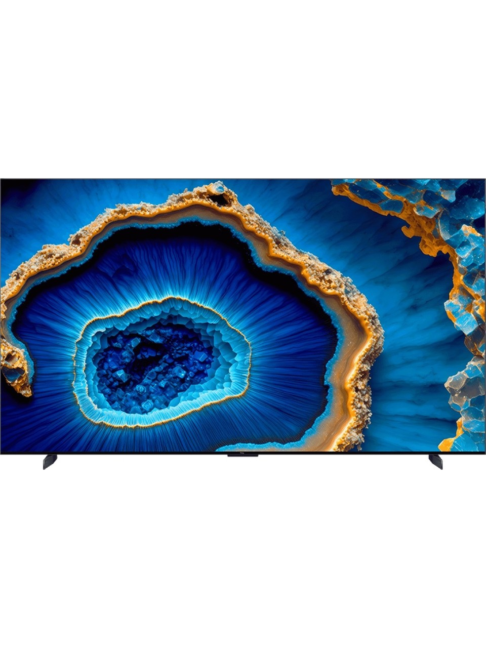 Siyah bir sehpa üzerinde büyük, canlı, mavi ve altın renkli bir jeot benzeri TV ekranı.