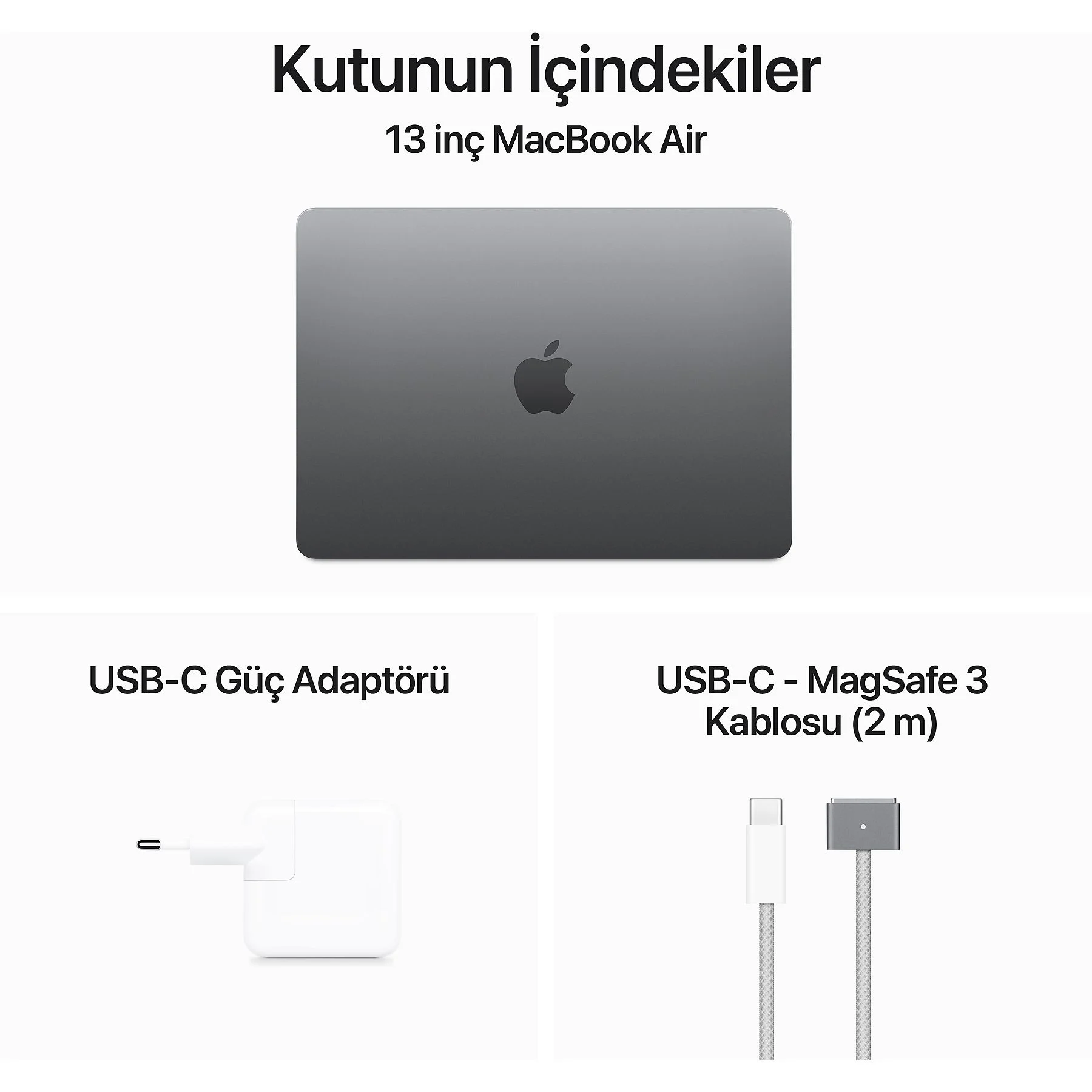 13 inç MacBook Air kutusunun içeriği: MacBook Air, USB-C güç adaptörü ve USB-C - MagSafe 3 kablosu.