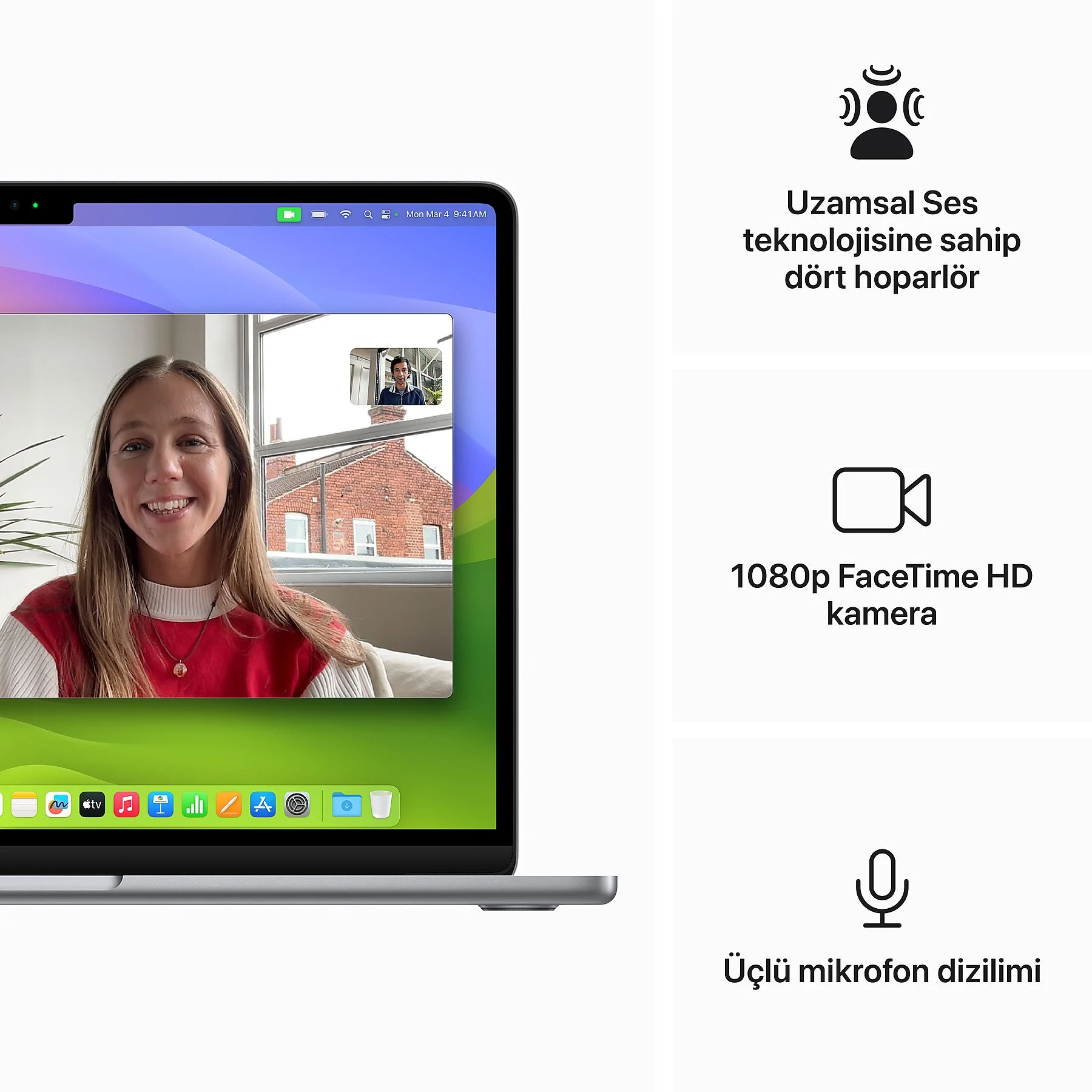 Görüntülü görüşme ve özellik simgeleri olan MacBook ekranı: uzamsal ses, FaceTime HD kamera ve mikrofonlar.