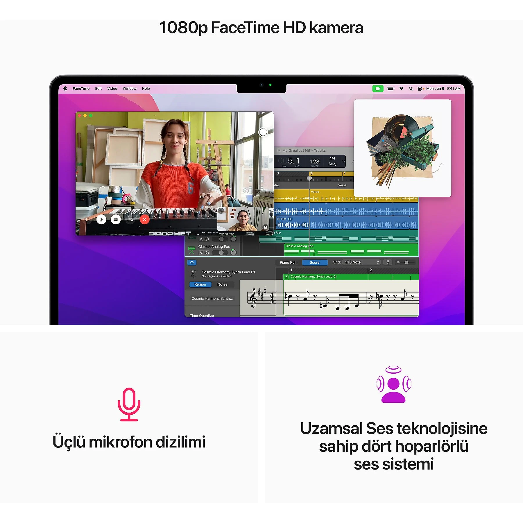 Müzik yazılımı gösteren bir dizüstü bilgisayar ekranı, grafikler ve bir mikrofonla çevrili.