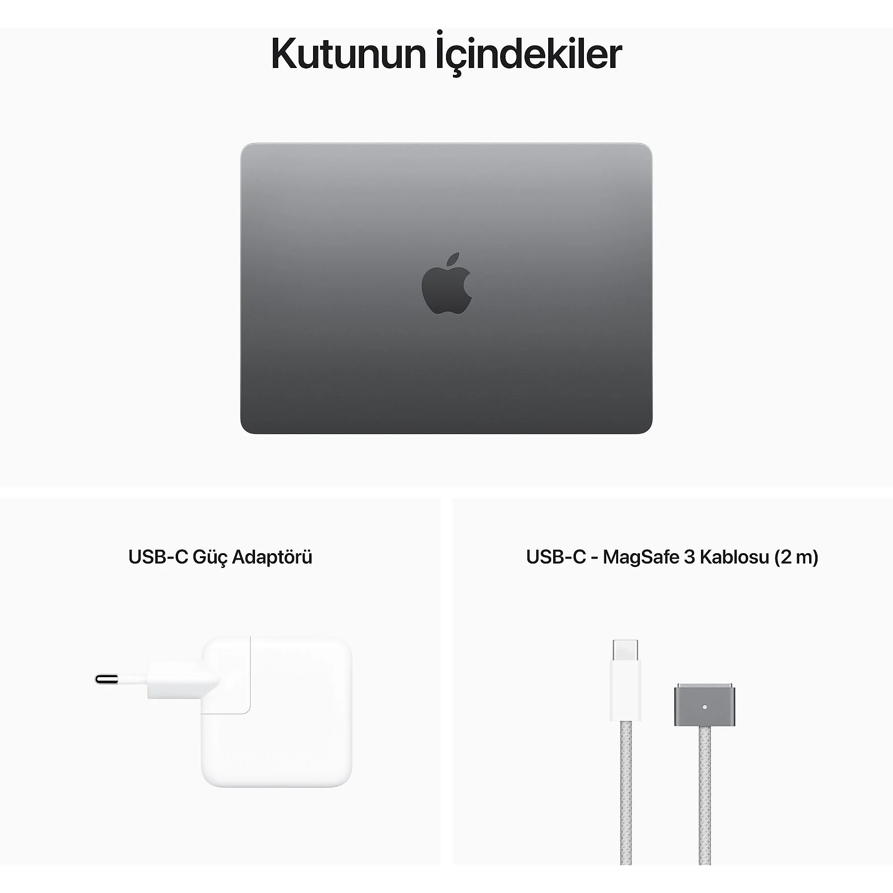Görsel, bir kutunun içeriğini gösteriyor: bir dizüstü bilgisayar, bir USB-C güç adaptörü ve bir USB-C - MagSafe 3 kablosu.