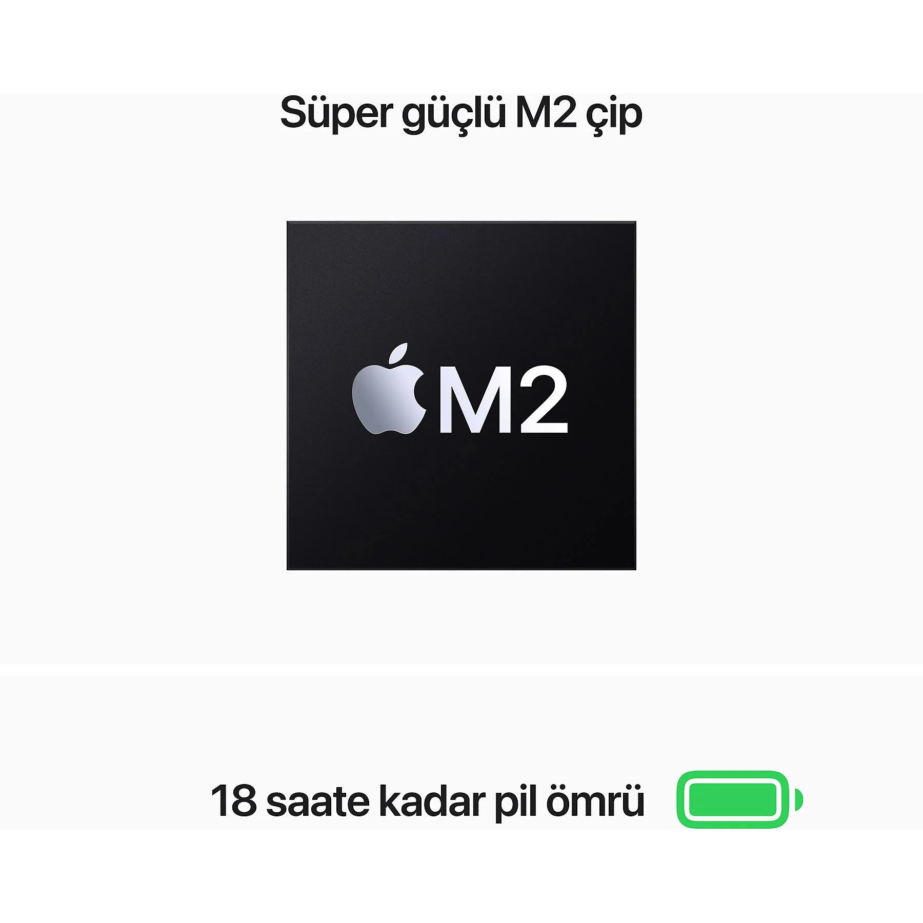 Apple logosu ve pil ömrü hakkında metin içeren siyah bir M2 çipi.