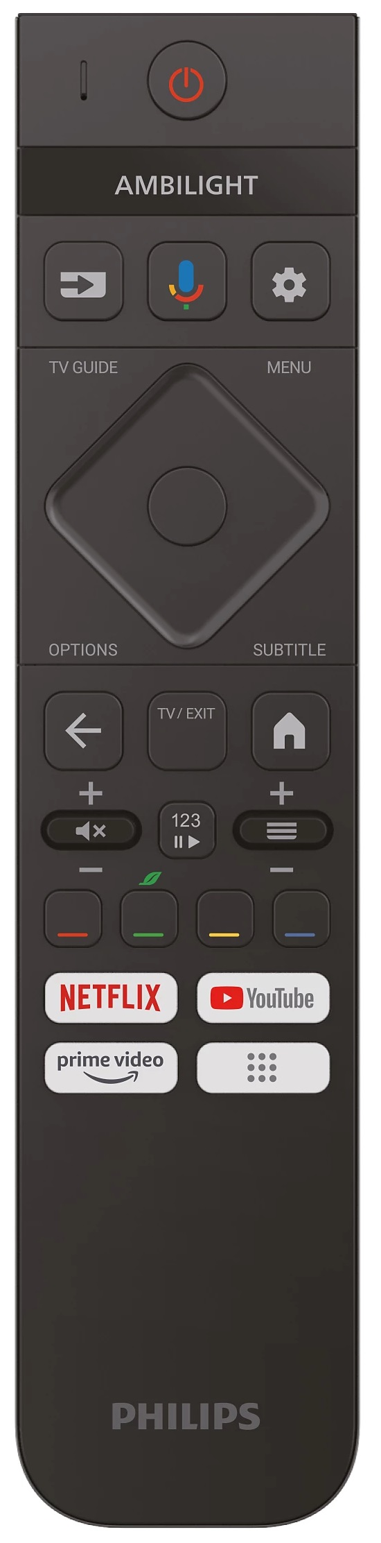 Czarny pilot do TV Philips. Przyciski: zasilanie, menu, głośność, skróty Netflix/YouTube.