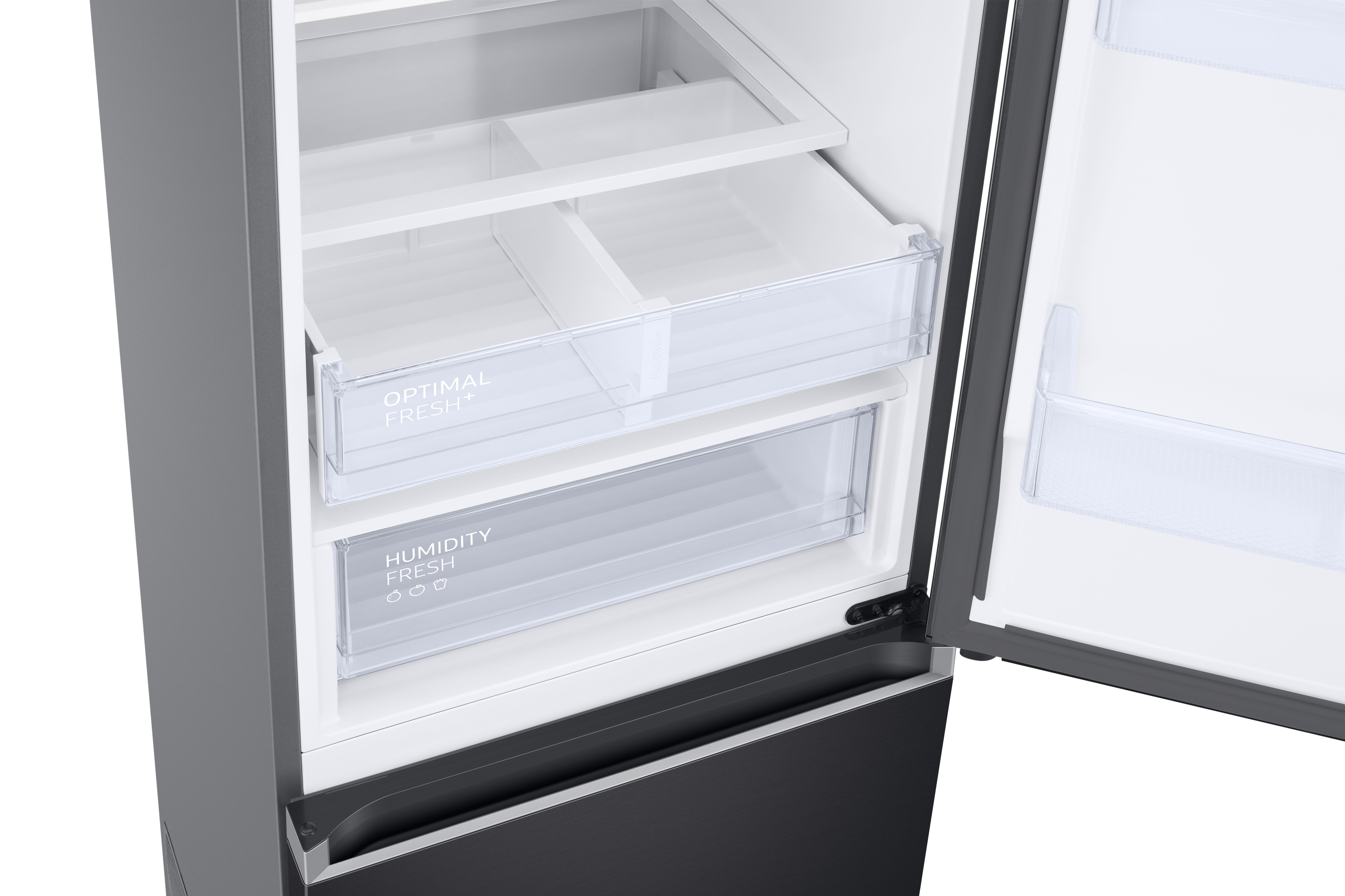 Innenansicht eines Kühlschranks mit zwei Schubladen, Optimal Fresh+ und Humidity Fresh.