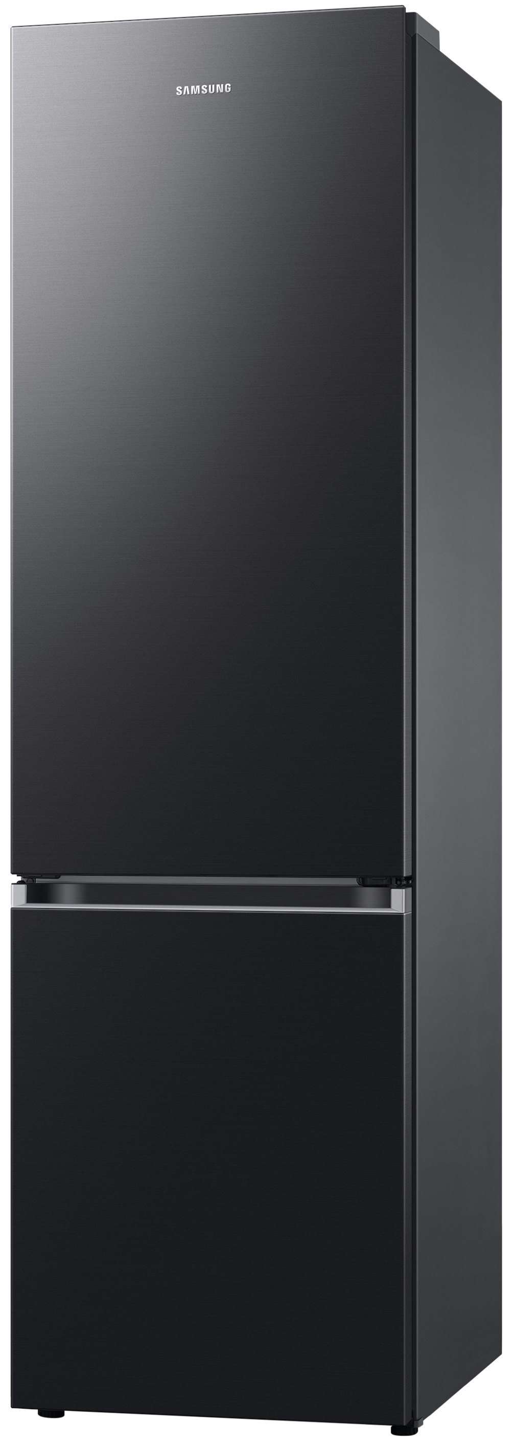 Ein schwarzer Samsung Kühlschrank mit zwei Türen und silbernem Griff.