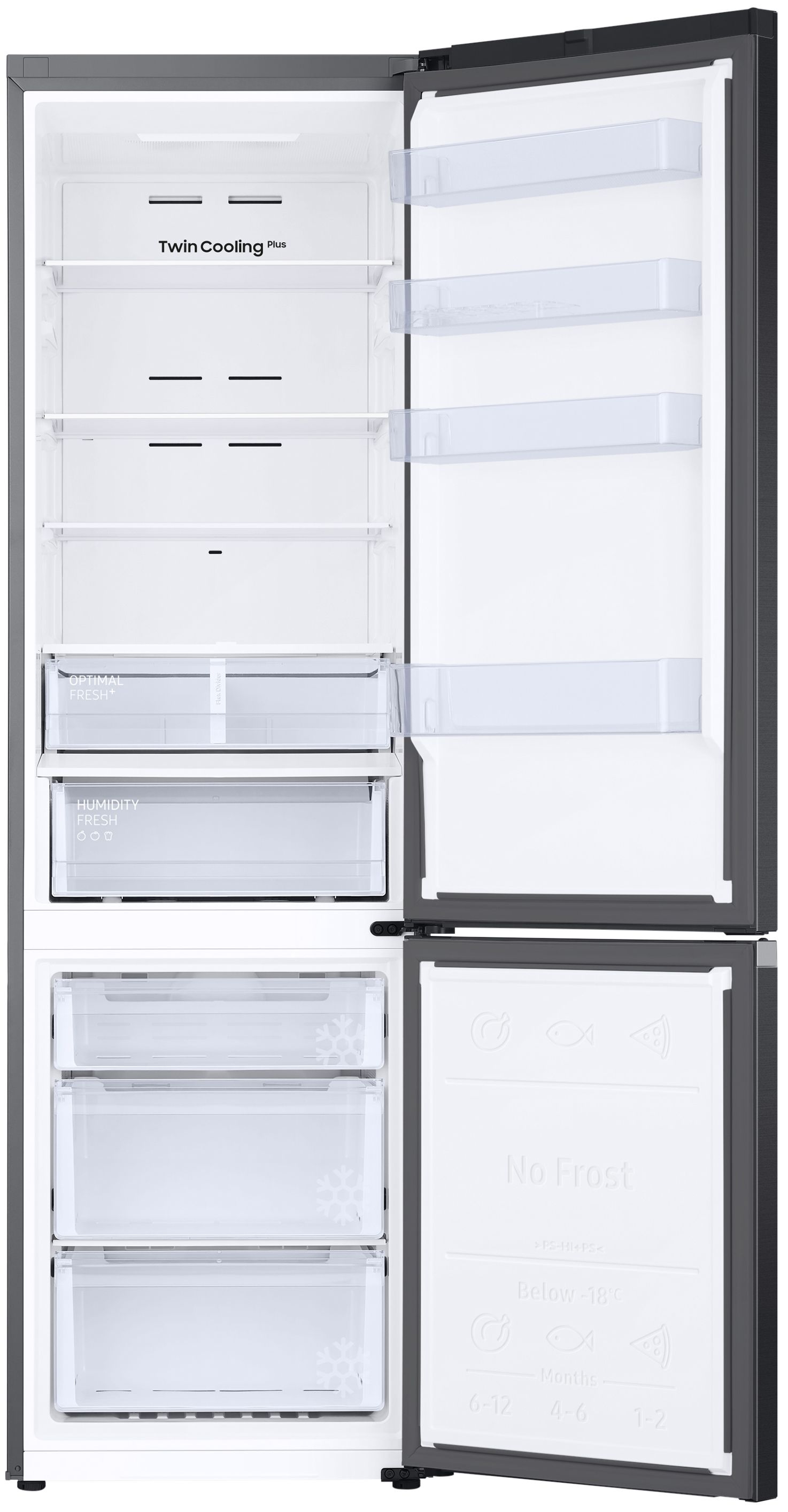 Ein leerer Kühlschrank mit zwei Türen, die geöffnet sind und Regale zeigen.