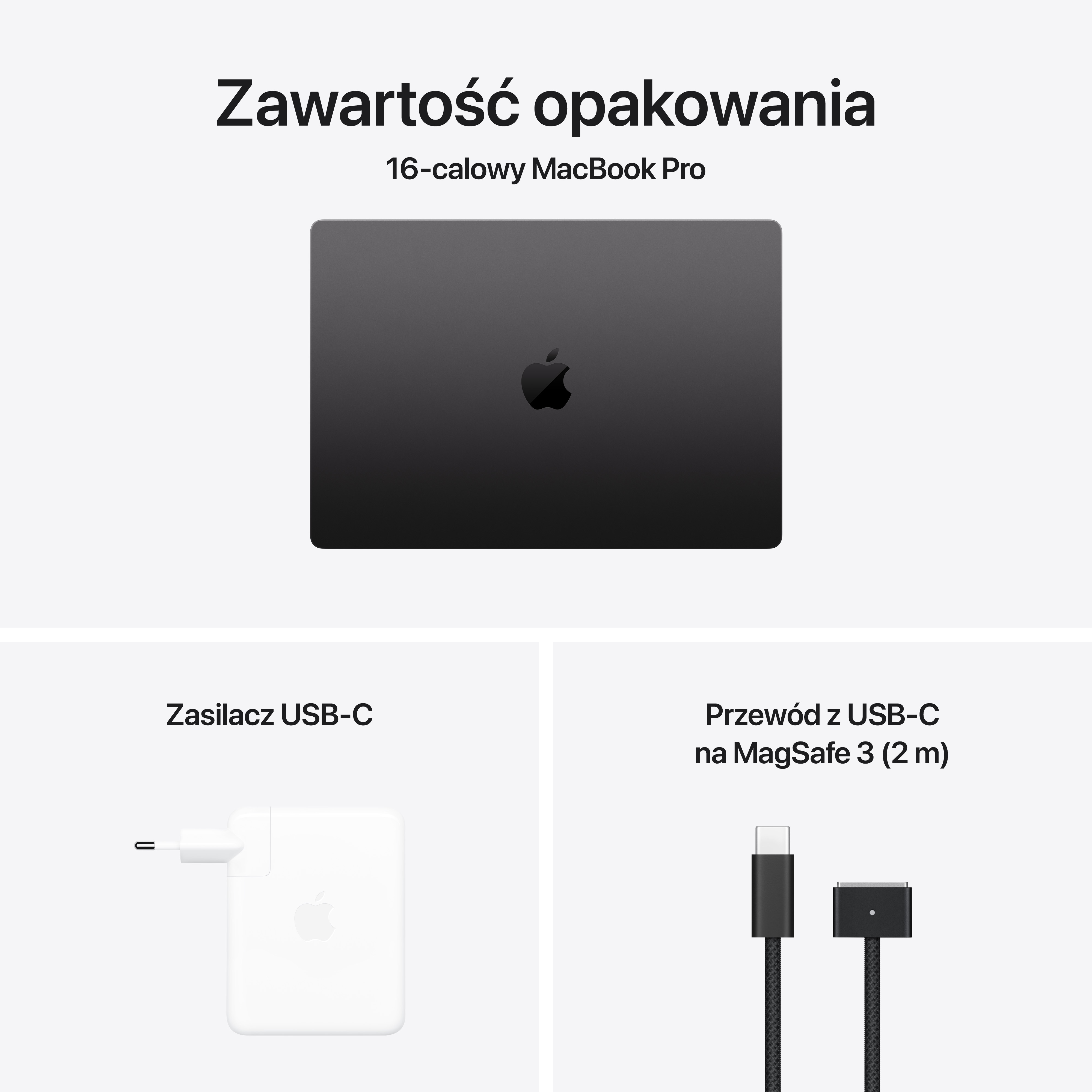 Zdjęcia akcesoriów MacBook Pro: ładowarka i kabel.