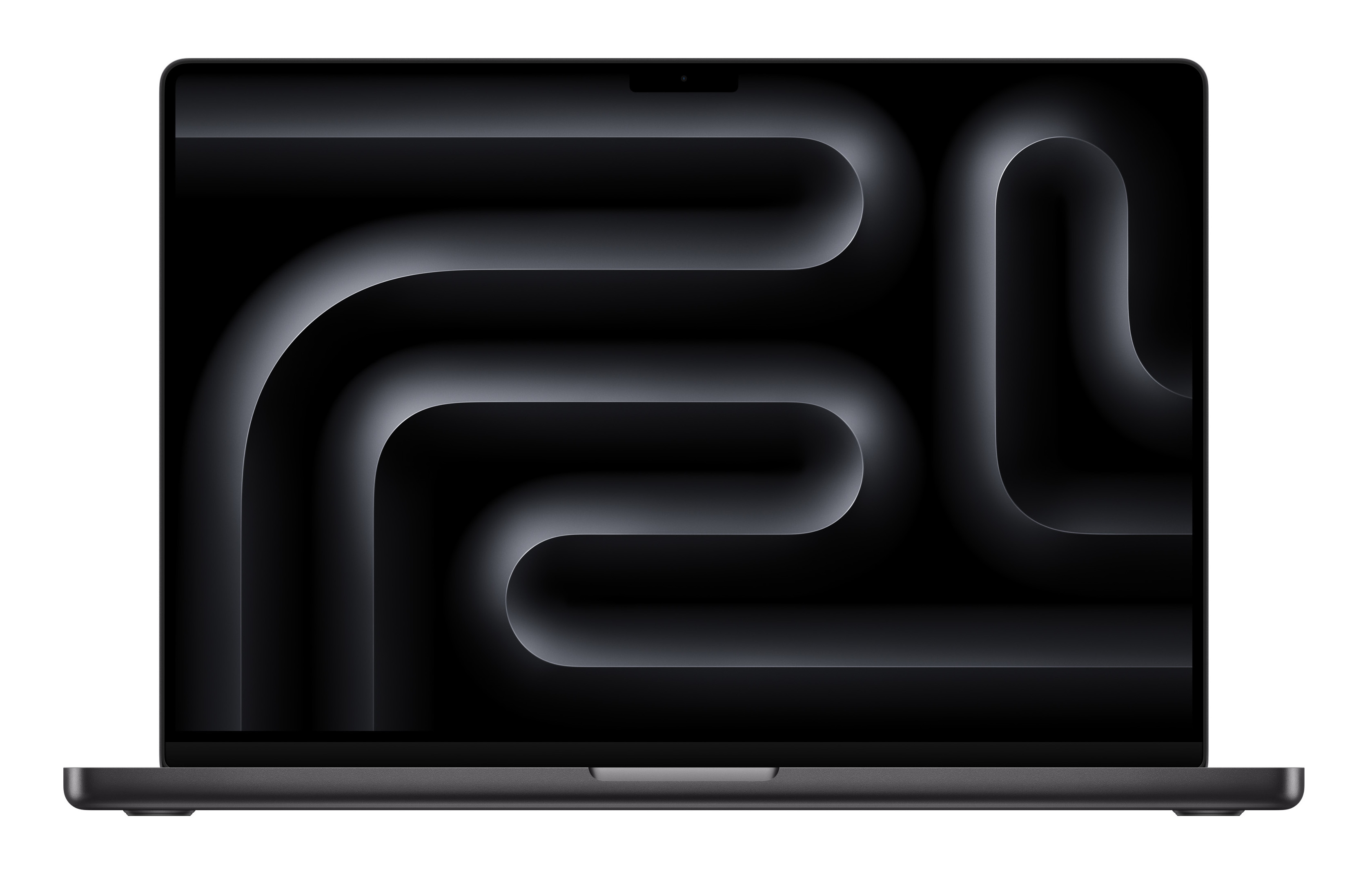 Ciemnoszary laptop z czarnym ekranem z płynnym, abstrakcyjnym wzorem. Czarne tło.