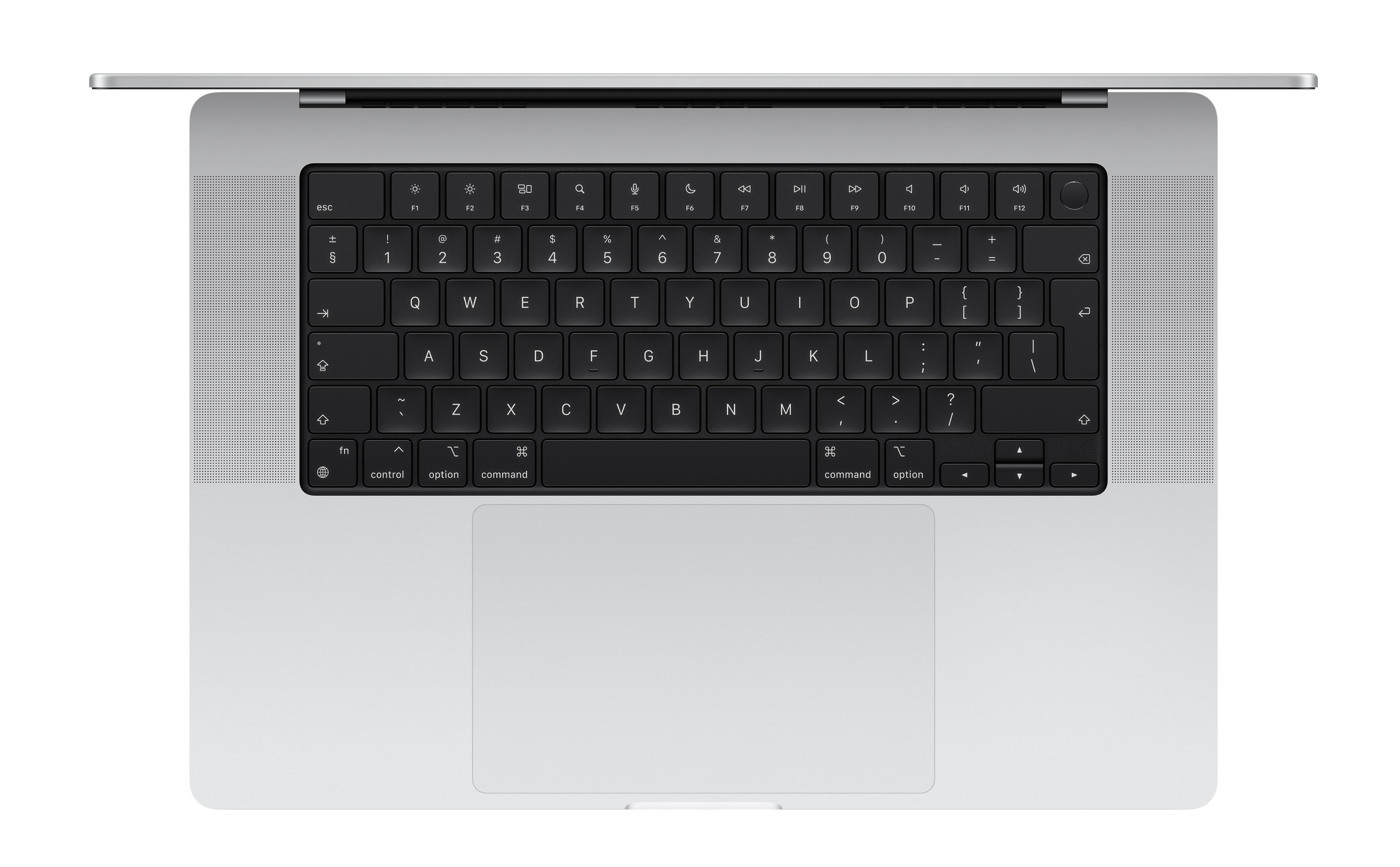 Widok z góry na srebrny laptop z czarną klawiaturą i białym tłem.