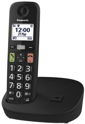 Czarny telefon bezprzewodowy i jego podstawa na białej powierzchni. Ekran pokazuje godzinę i datę.