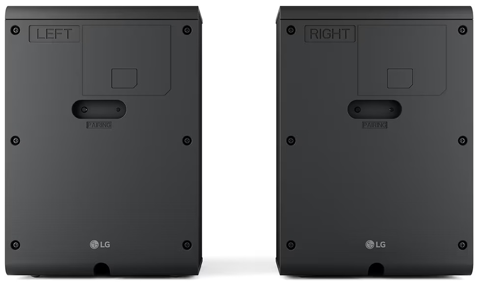 Dwa czarne głośniki, oznaczone LEWO i PRAWO, z przyciskami parowania i logo LG.