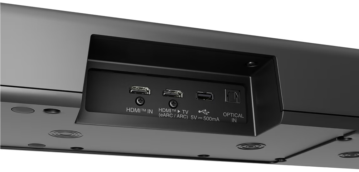 Zbliżenie portów z tyłu czarnego soundbara.