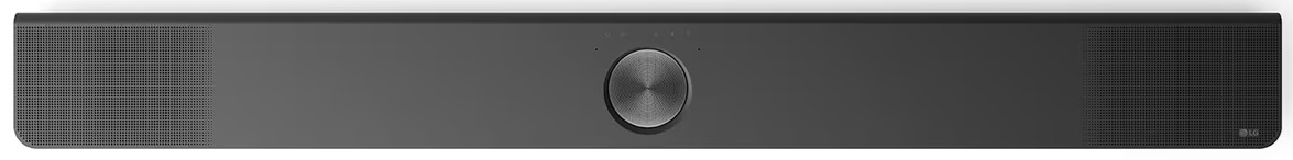 Czarny soundbar ze srebrnym przyciskiem pośrodku.