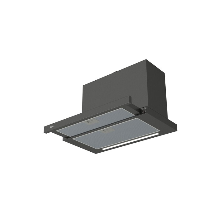 Schwarze Dunstabzugshaube, schräge Ansicht, mit zwei Lichtern und silberner Bedienblende.