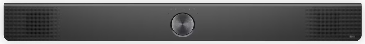 Czarny soundbar ze srebrnym pokrętłem pośrodku.