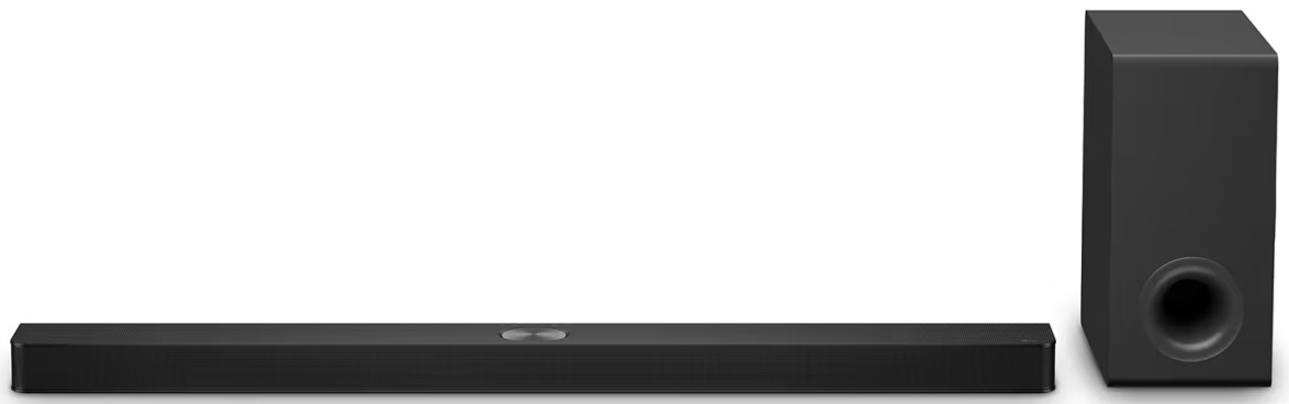Soundbar i subwoofer, czarne, na białym tle.