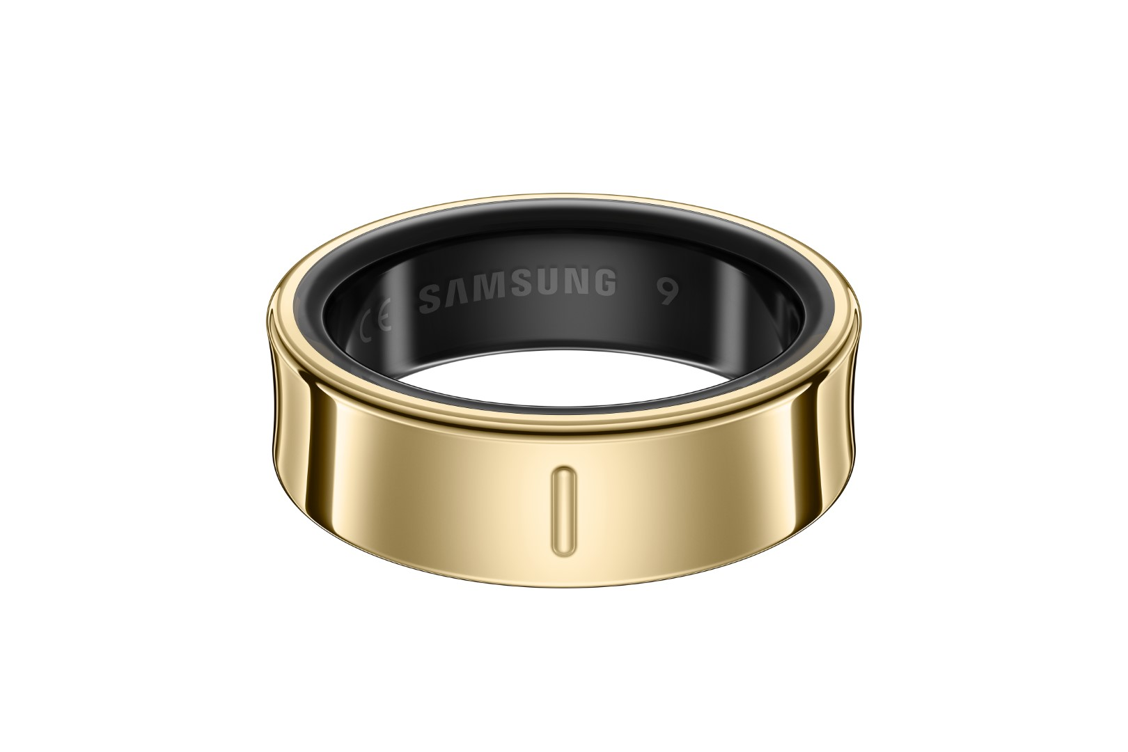 Złoty inteligentny pierścień z czarnym pierścieniem wewnętrznym. Ma logo Samsung i numer 9. Z boku znajduje się pionowa linia.