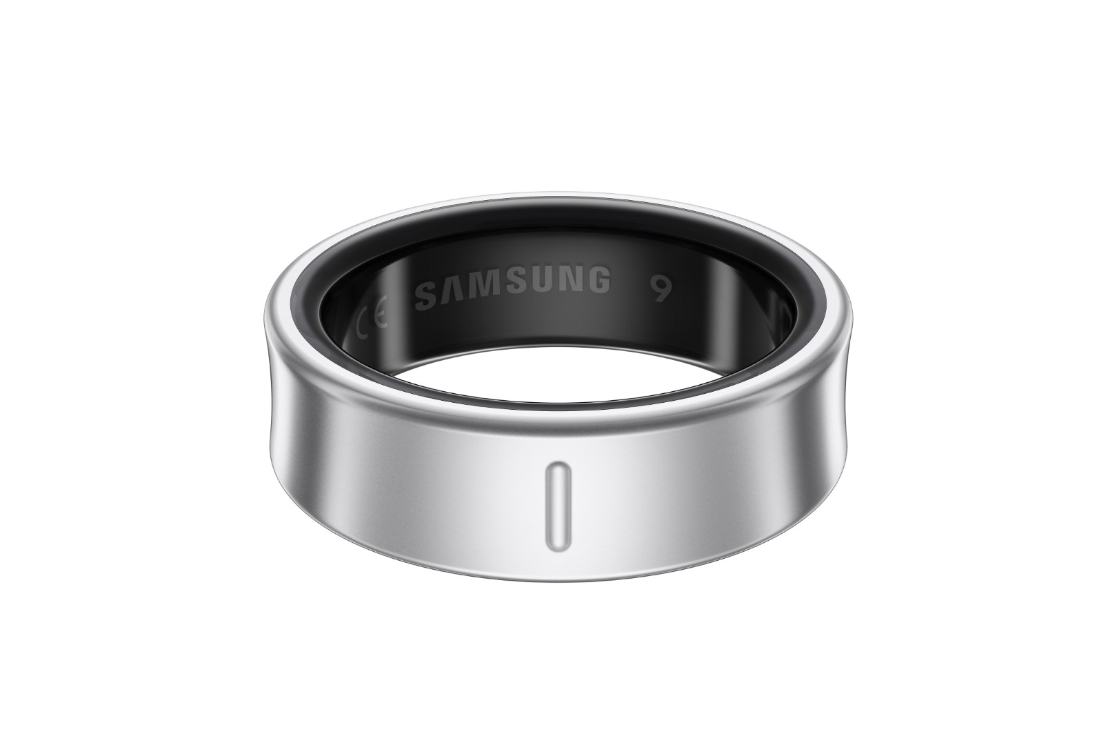 Srebrny smart ring z czarnym wnętrzem i logo Samsung.