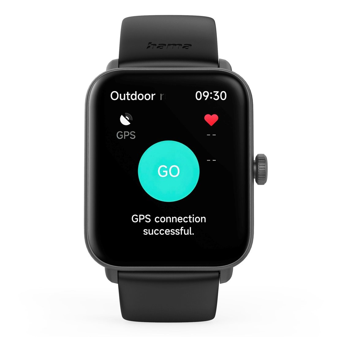 Czarny smartwatch z czarnym paskiem. Ekran wyświetla pomyślne połączenie GPS.