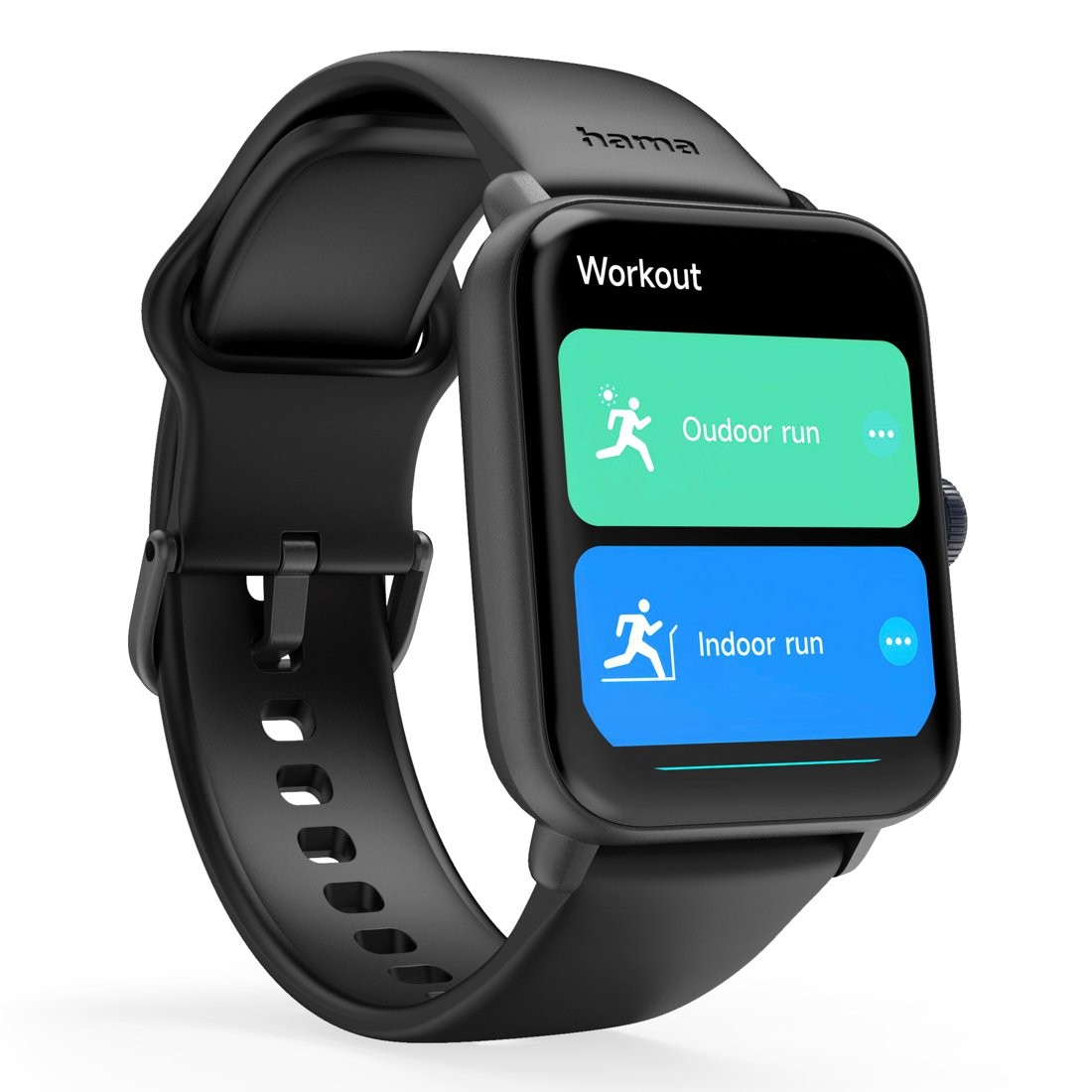 Czarny smartwatch wyświetlający opcje treningu: bieg na zewnątrz i bieg w pomieszczeniu, na białym tle.