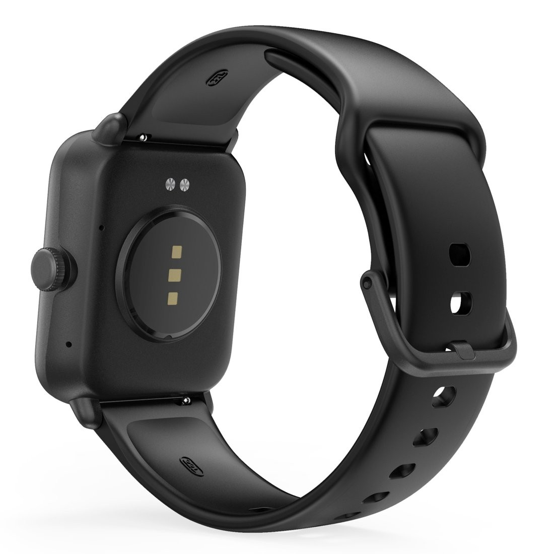 Czarny smartwatch, widok z tyłu, z okrągłym czujnikiem i dołączonym paskiem.