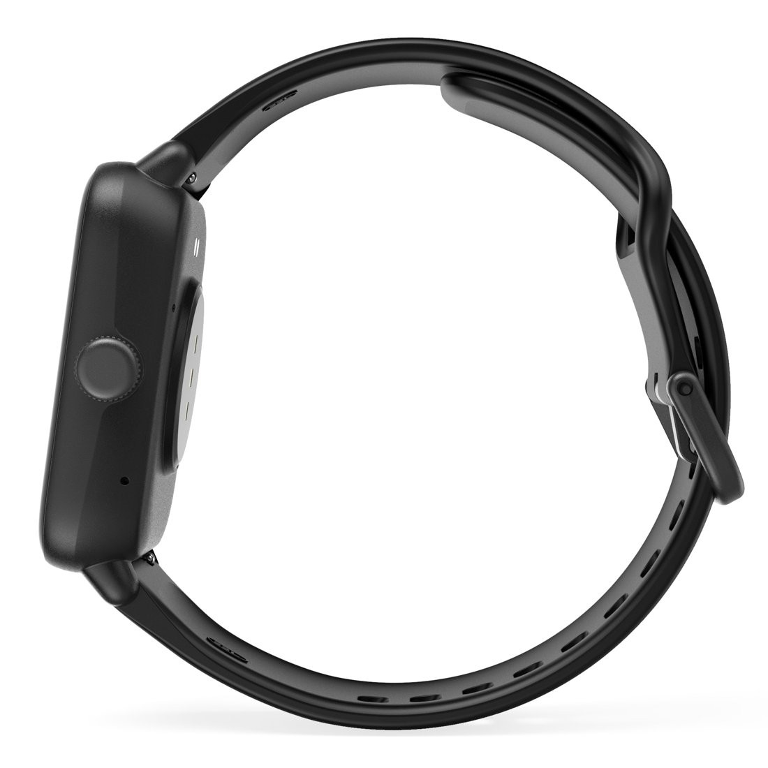 Czarny smartwatch widziany z boku. Ma przycisk i czarny pasek.