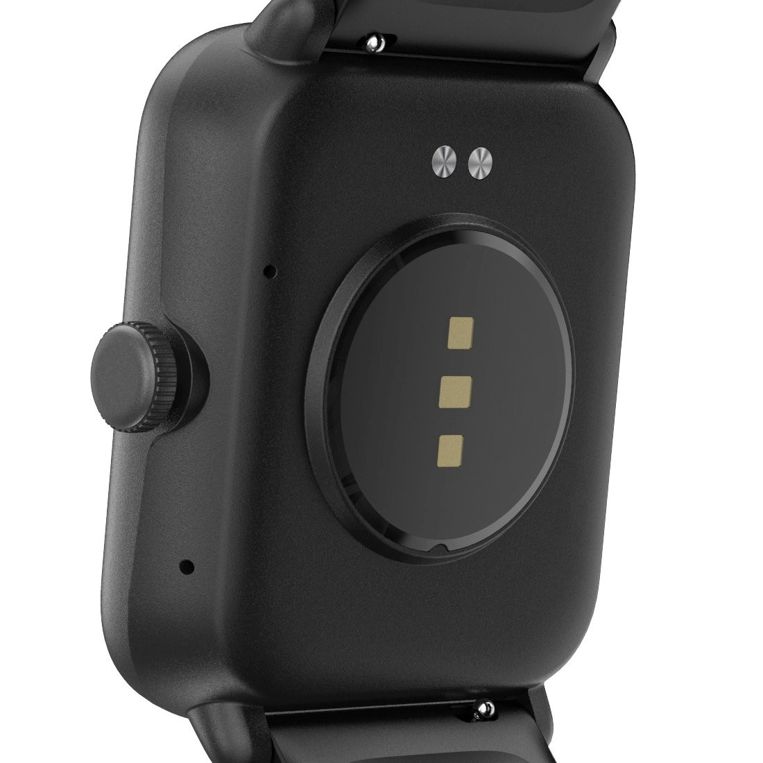 Czarny smartwatch z widoczną tylną stroną. Okrągły czujnik znajduje się na środku.