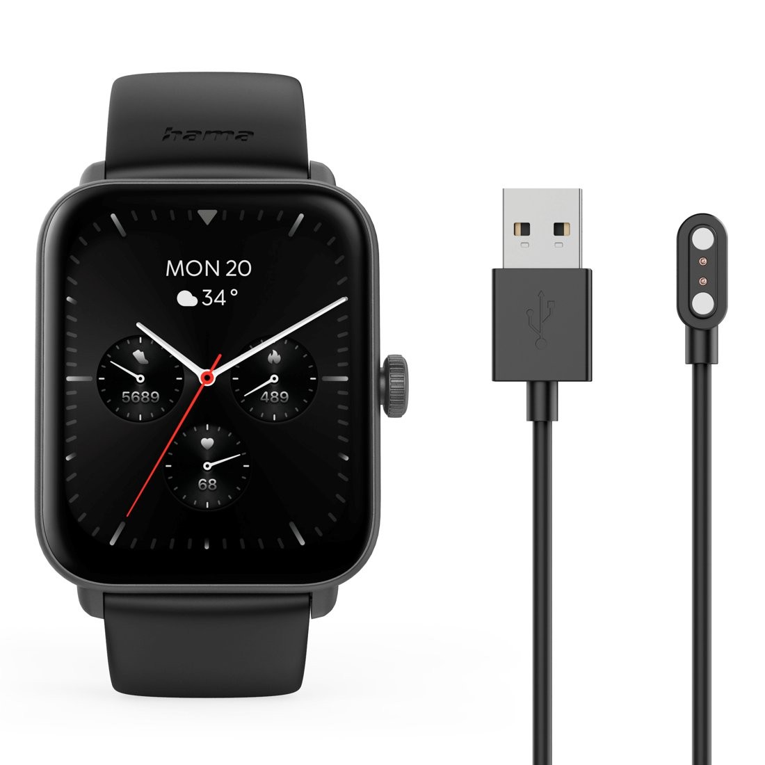 Czarny smartwatch z kablem ładującym i podstawą ładującą. Zegarek wyświetla datę i godzinę.