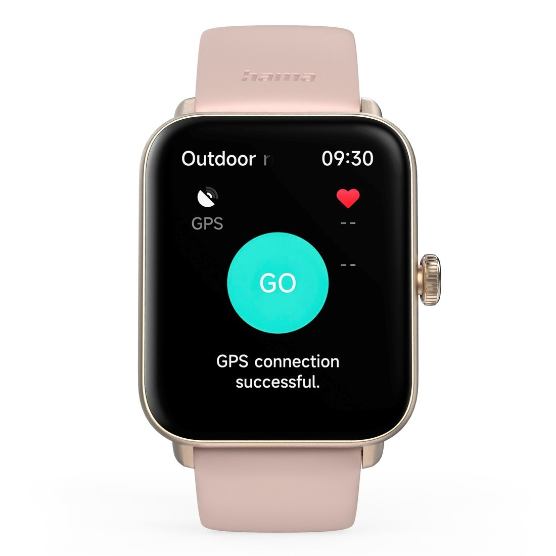 Smartwatch wyświetla różowy pasek i czarny ekran pokazujący status połączenia GPS.