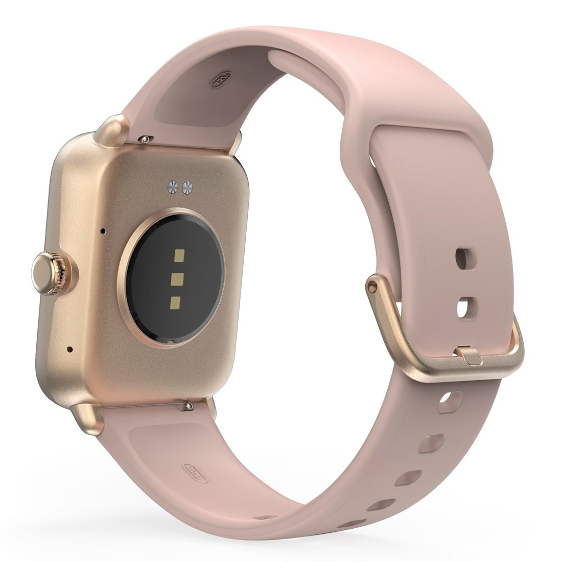 Złoty smartwatch z różowym paskiem, widok z tyłu. Pokazuje czujniki i przycisk.