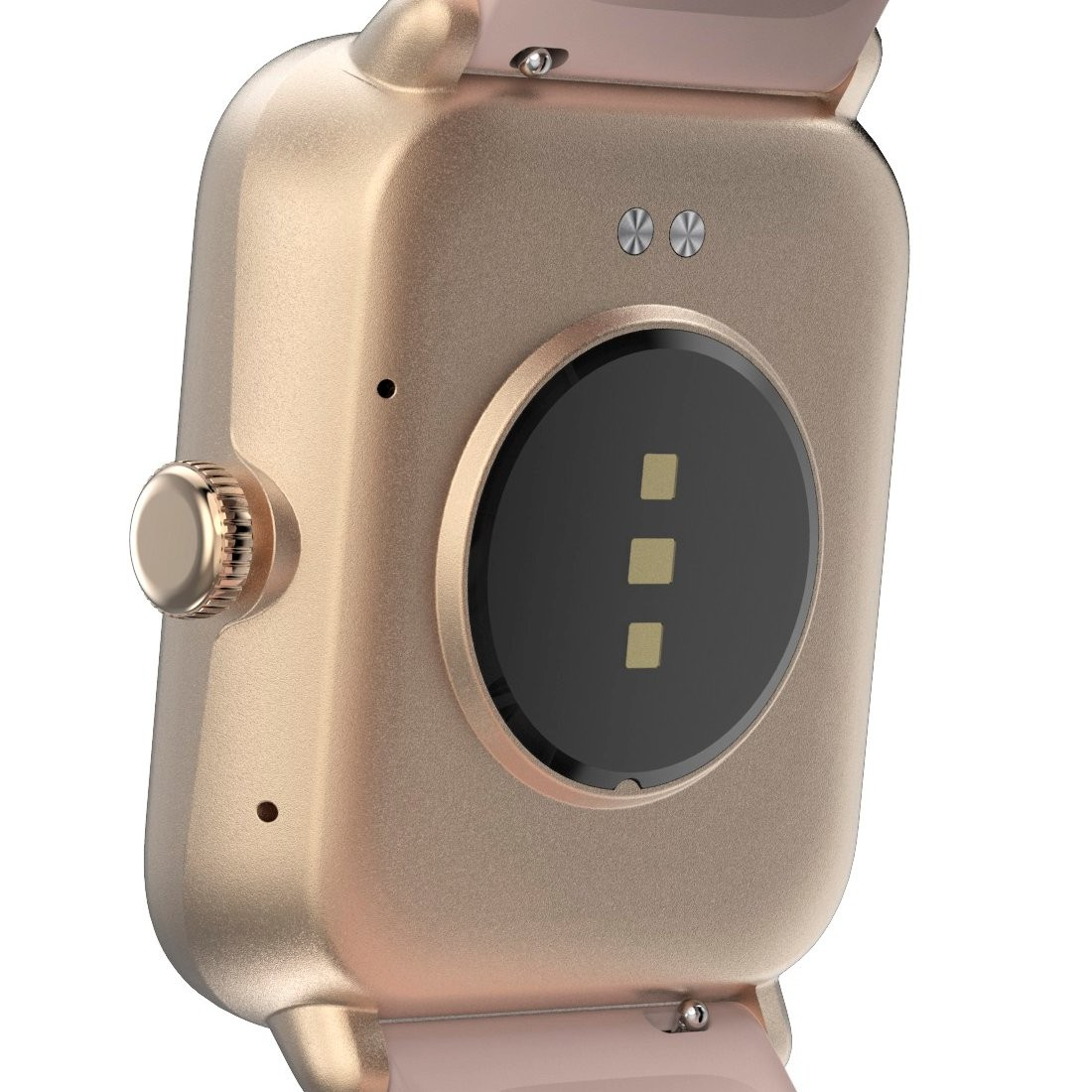 Tył różowo-złotego smartwatcha. Czujnik tętna, dwa małe kółka i boczny przycisk.
