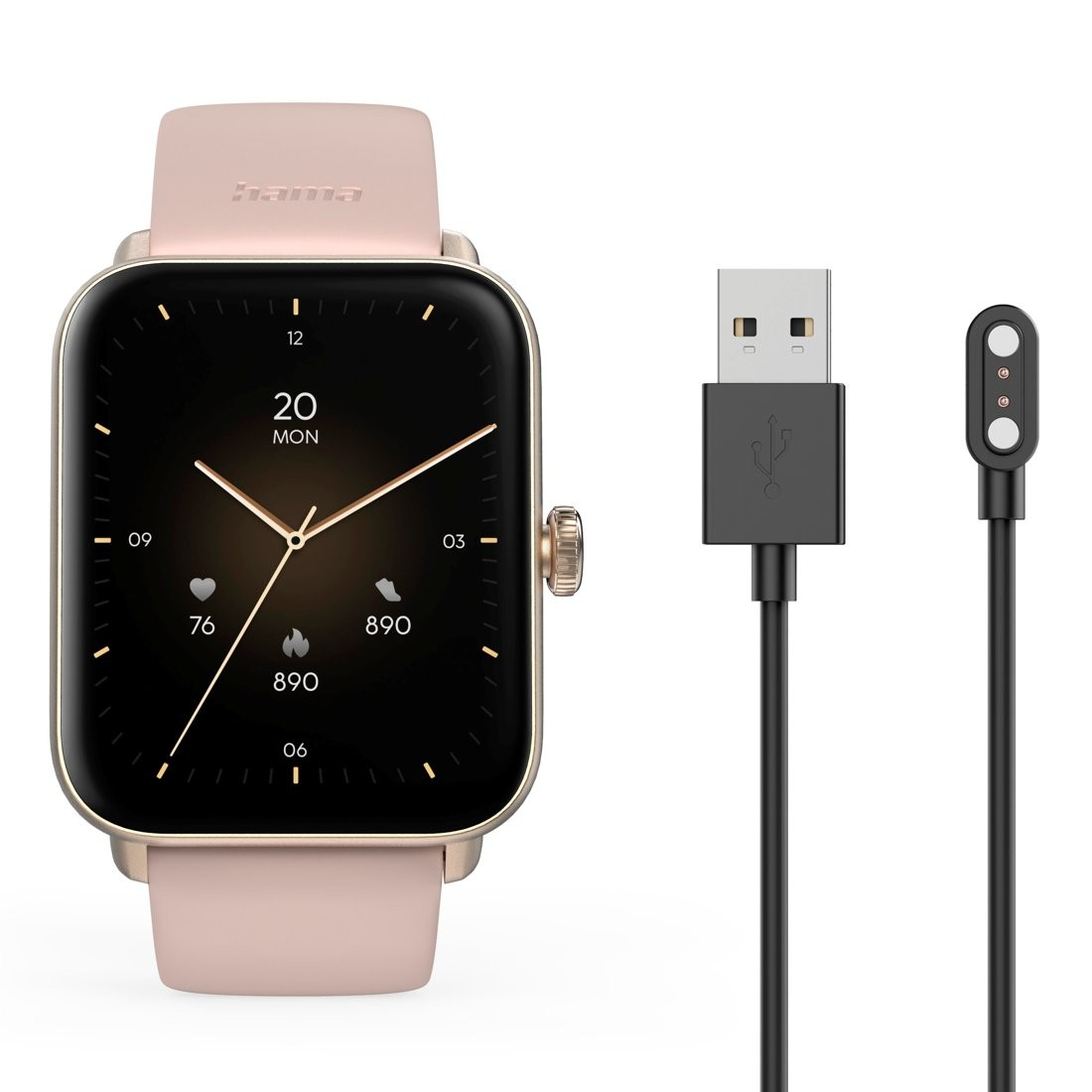 Złoty smartwatch z różowym paskiem i czarnym kablem do ładowania USB-C z magnetycznym złączem.