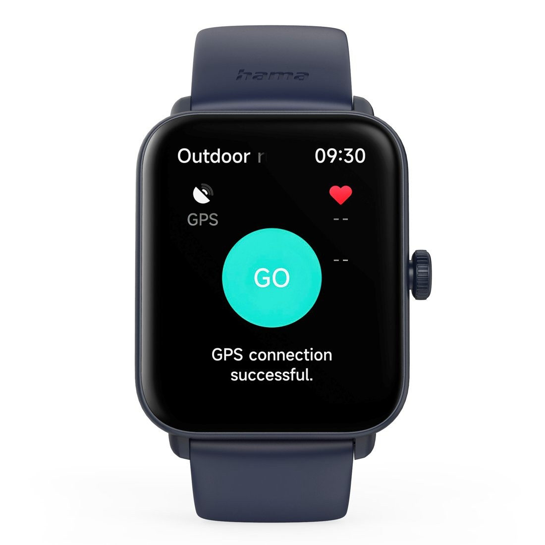 Smartwatch z czarnym wyświetlaczem pokazuje przycisk 'GO' z udanym połączeniem GPS i godziną 09:30.