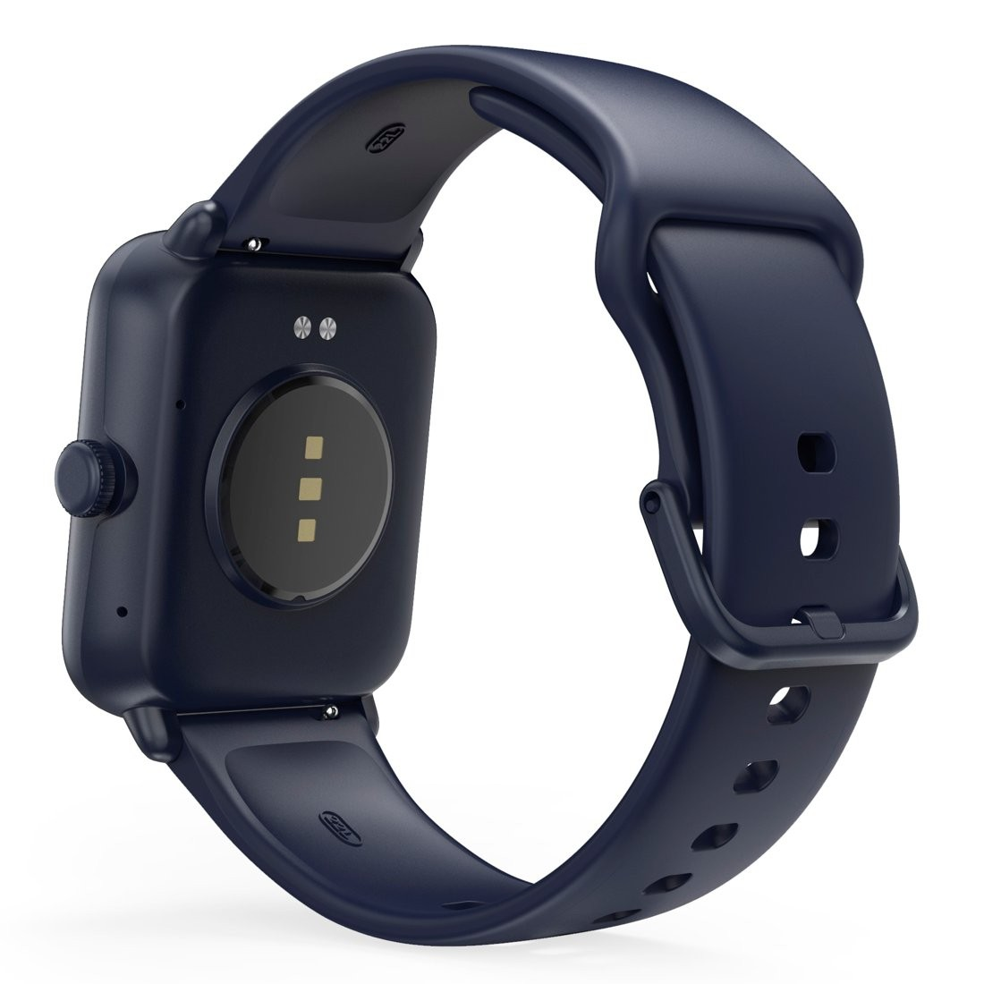 Granatowy smartwatch z niebieskim paskiem, pokazujący tył z czujnikami.