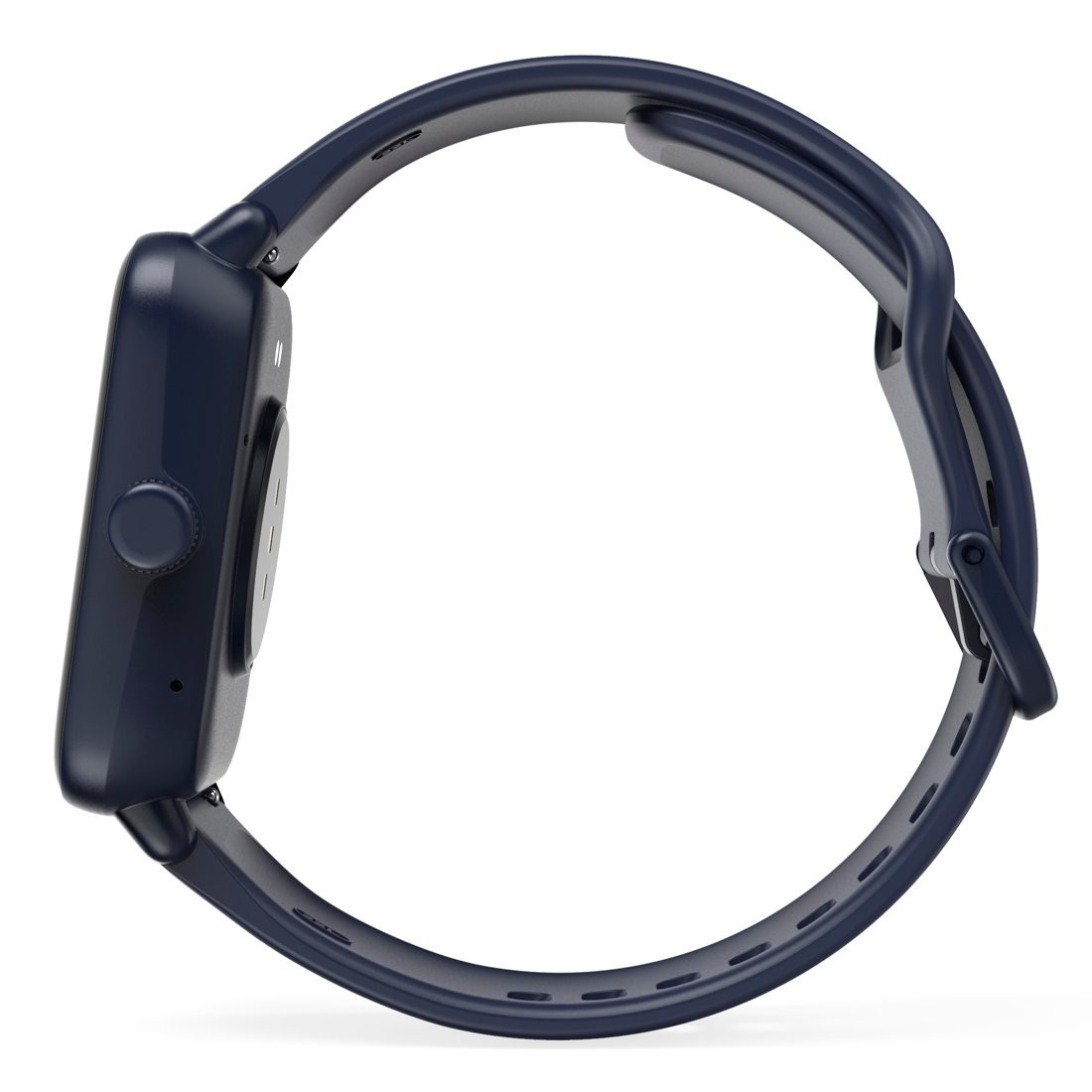 Smartwatch, granatowy. Ekran jest czarny. Pasek również jest granatowy. Widok z boku.