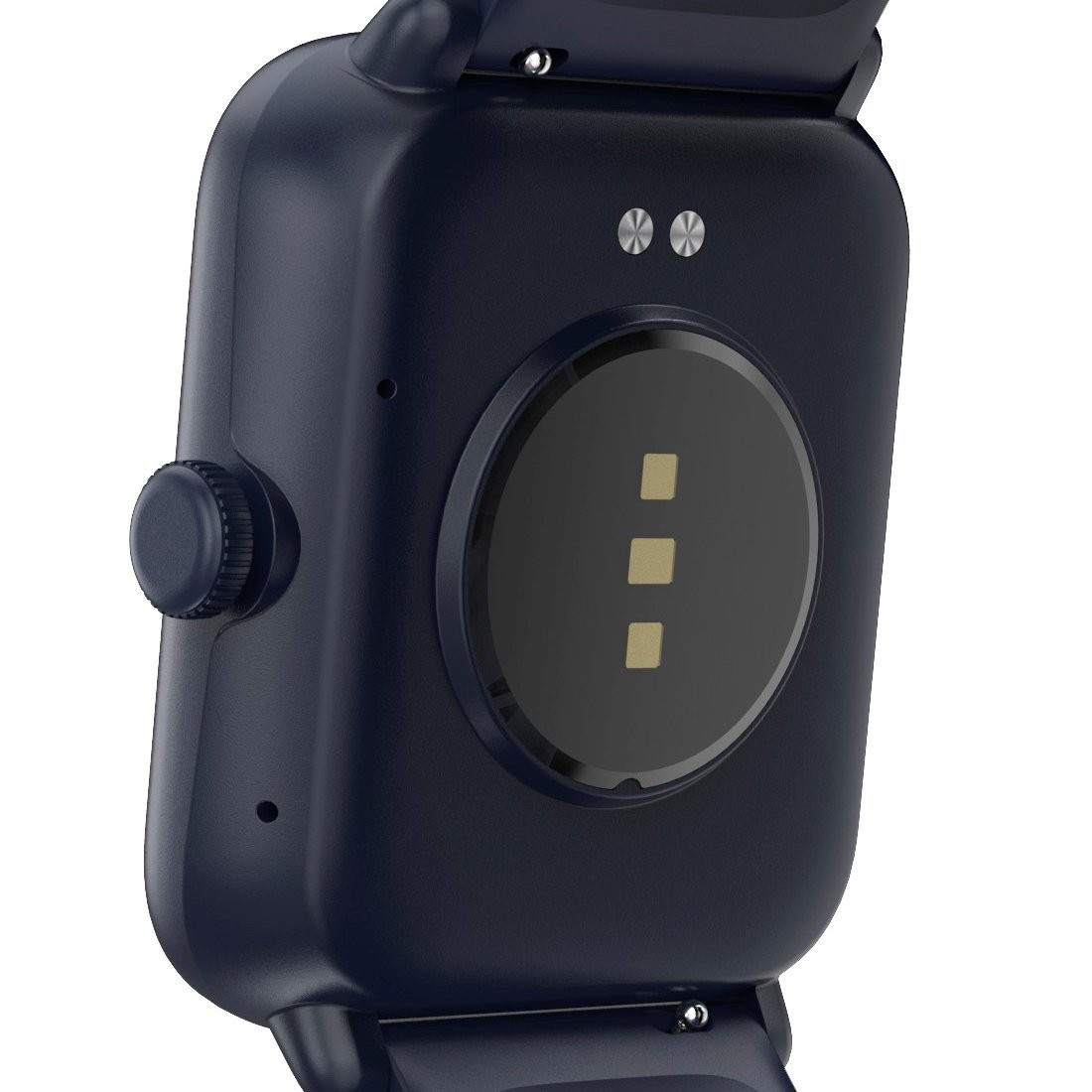 Zbliżenie tyłu granatowego smartwatcha, z czujnikami i przyciskiem.