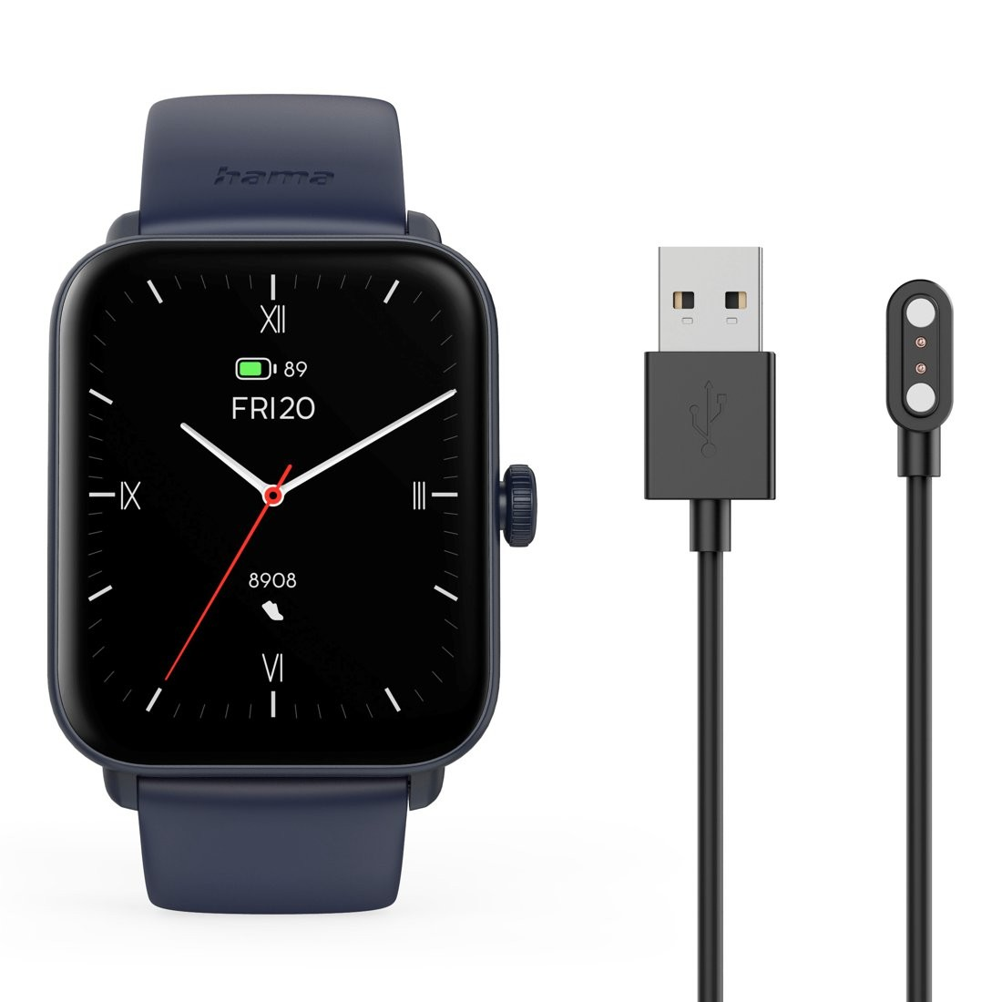 Niebieski smartwatch z czarnym ekranem, który wyświetla godzinę i baterię. Obok ładowarka.