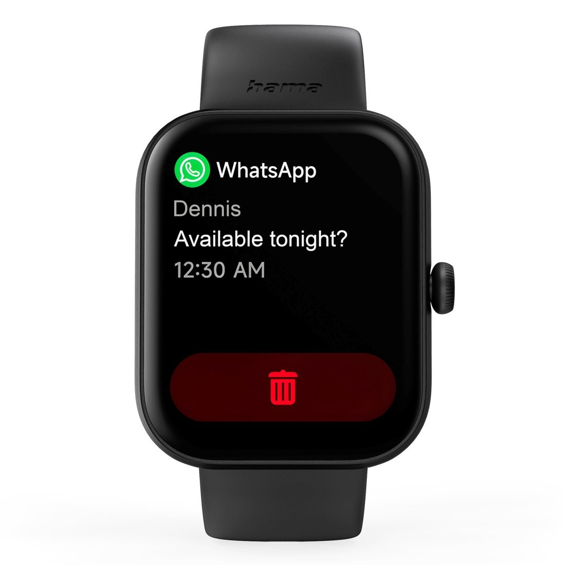 Czarny smartwatch wyświetlający wiadomość WhatsApp od "Dennisa".