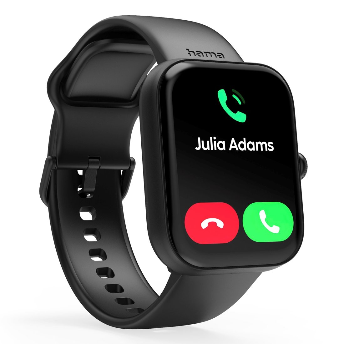 Smartwatch pokazujący połączenie od Julii Adams, z przyciskami odbierz i odrzuć.