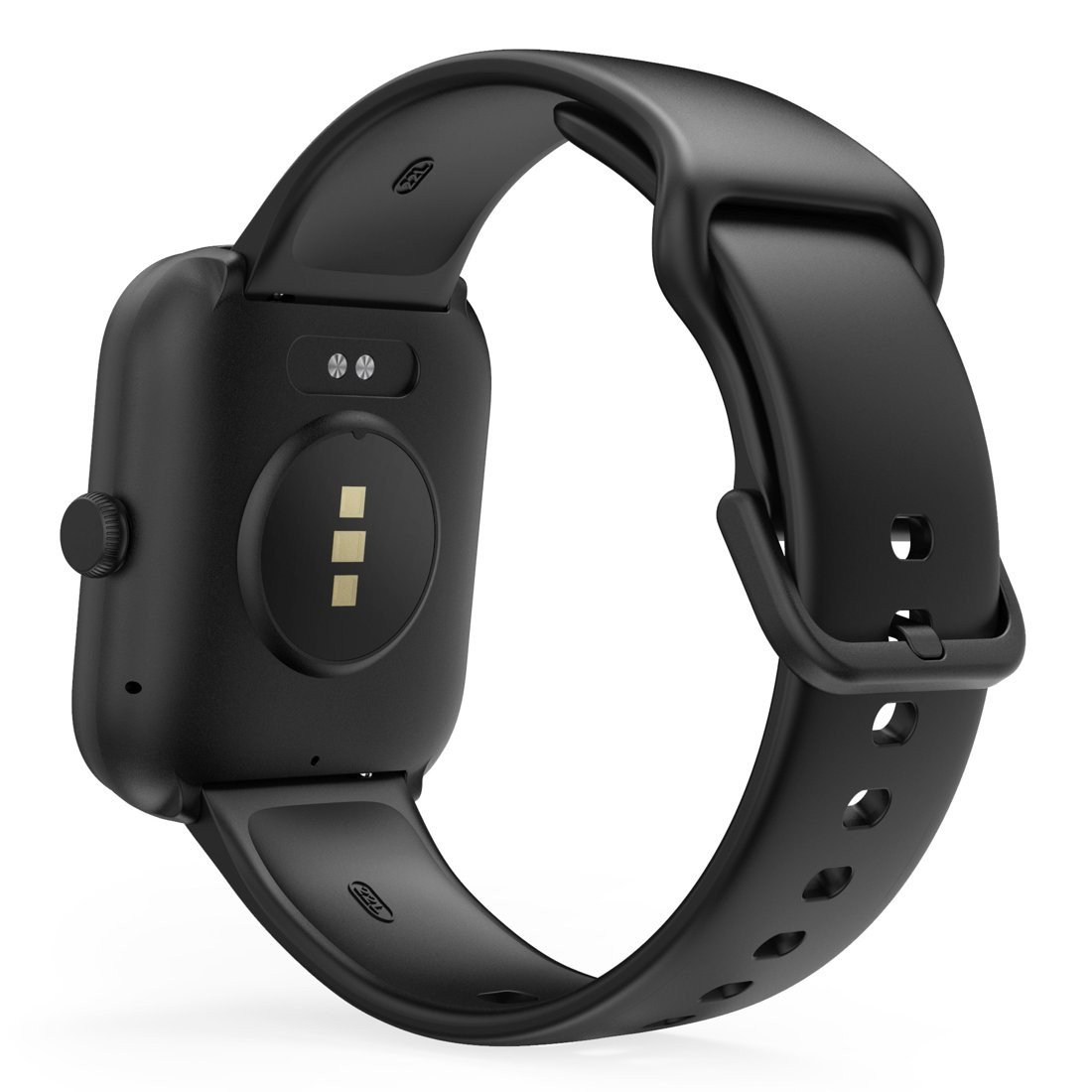 Czarny smartwatch z czarnym paskiem. Tył ma czujnik tętna i punkty ładowania.