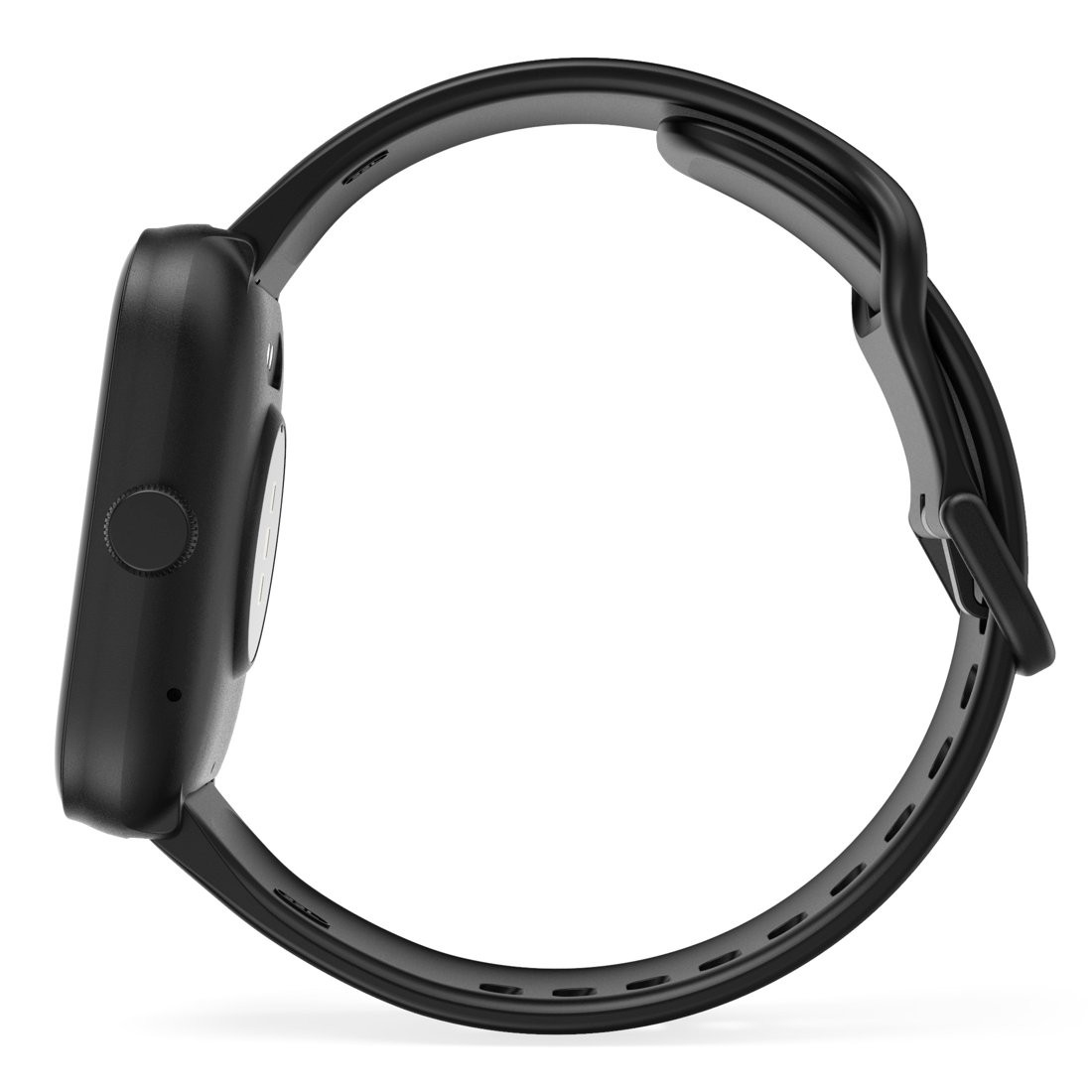 Czarny smartwatch, widok z boku, z czarnym paskiem.