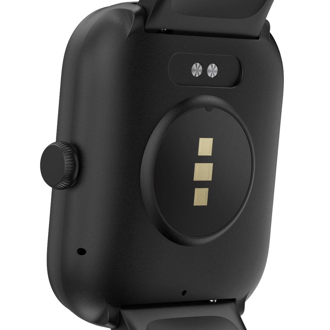 Tył czarnego smartwatcha z czujnikami i przyciskiem z boku.